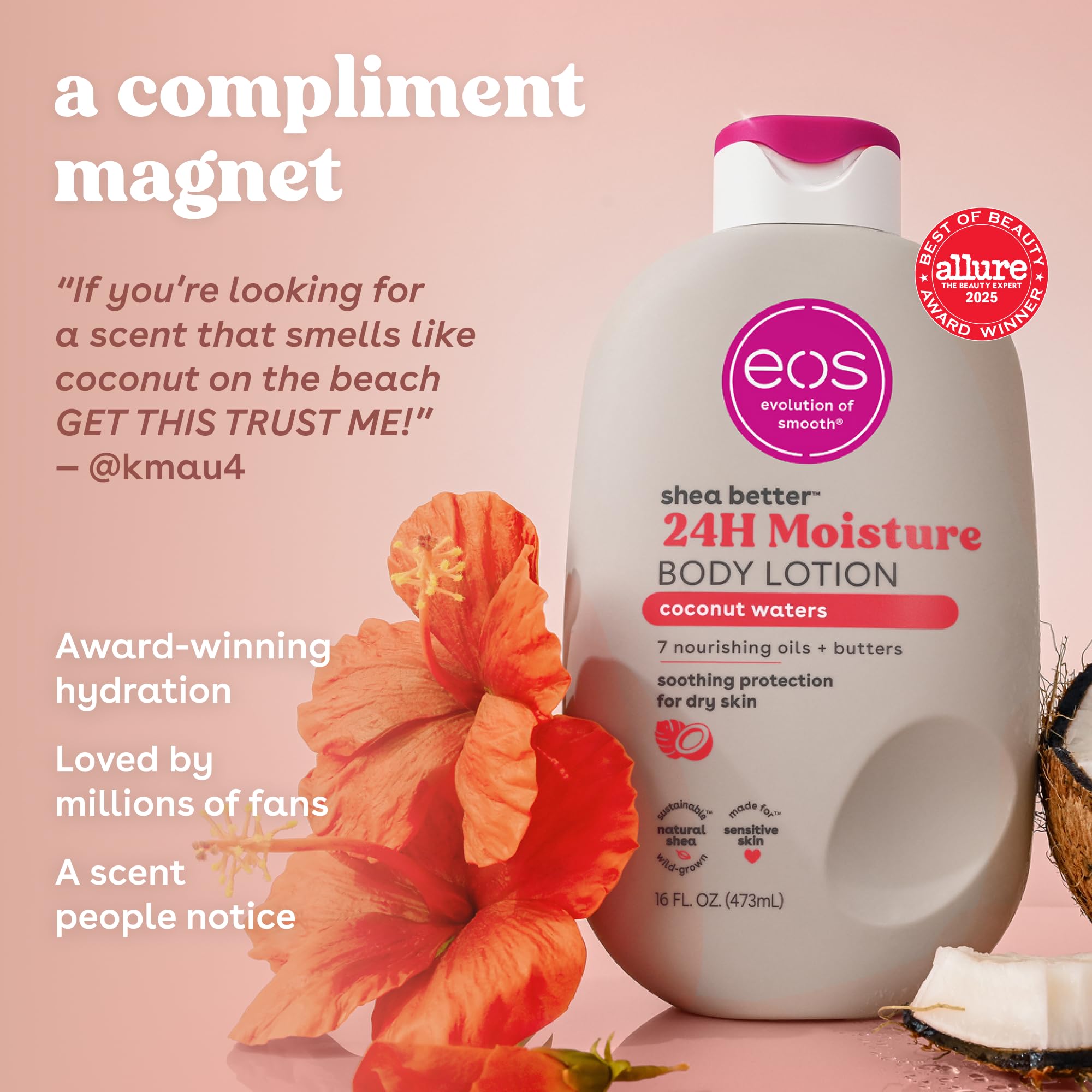 eos Shea Better Body Lotion Vanilla Cashmere, 24-Hour Moisture Skin Care, Lightweight & Non-Greasy, Natural Shea, Vegan, Vanilla Body Lotion, 16 fl oz