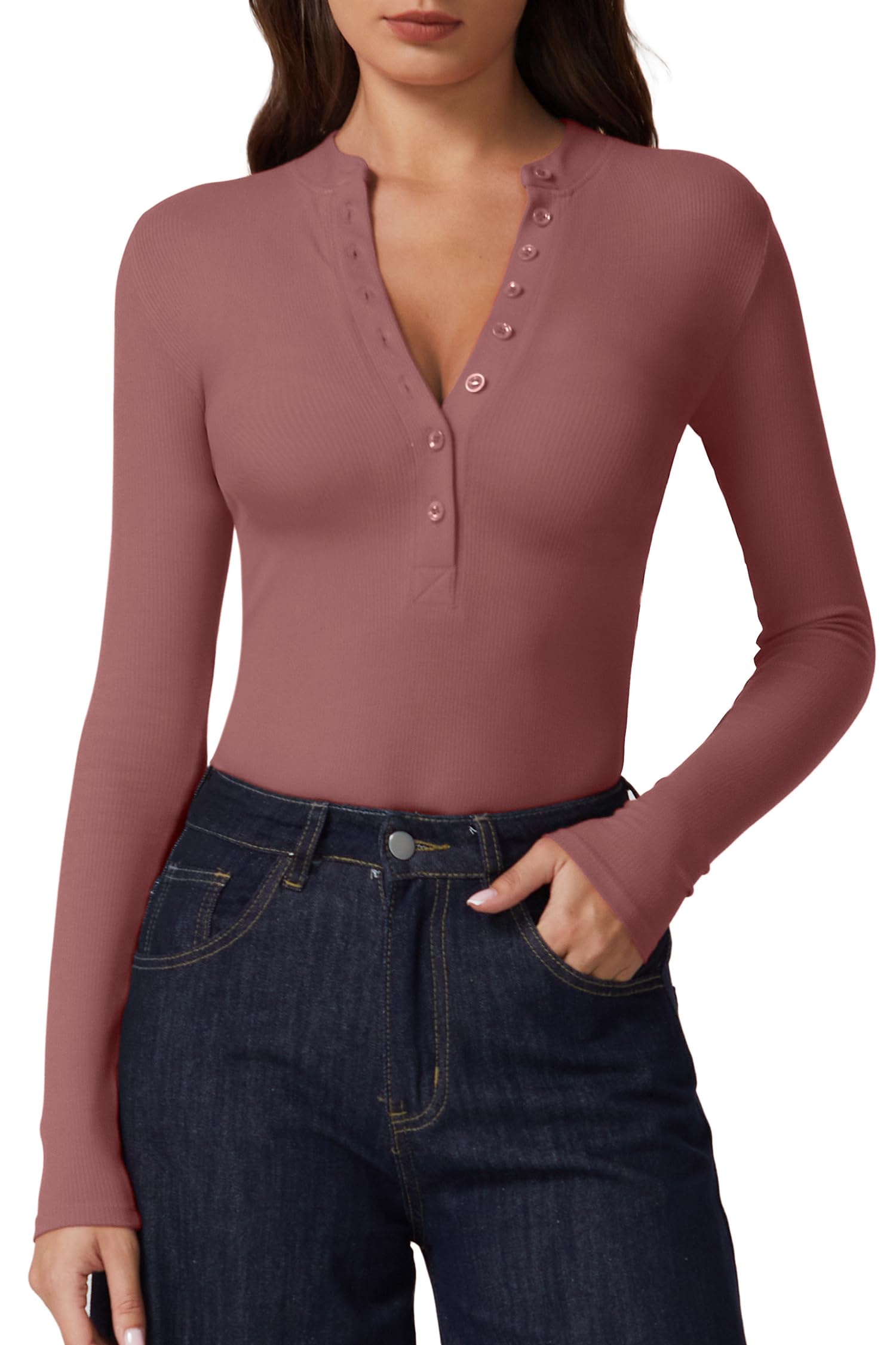 QINSEN Button Down Shirts for Women V Neck Long Sleeve Ribbed Knit Slim Fit Basic Tee Tops