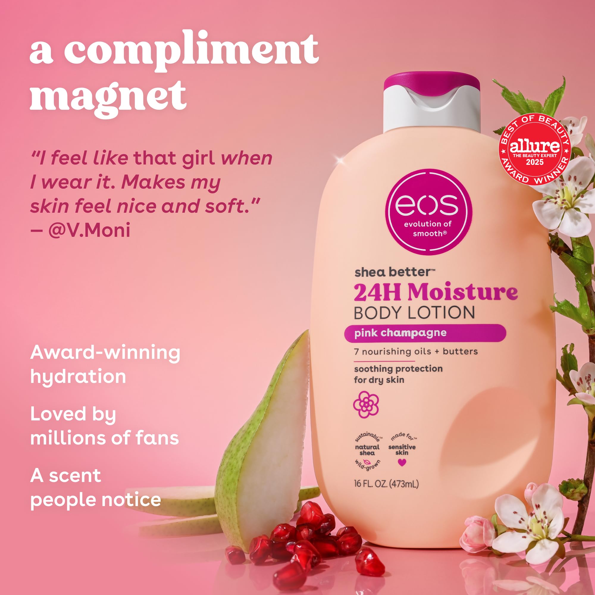 eos Shea Better Body Lotion Vanilla Cashmere, 24-Hour Moisture Skin Care, Lightweight & Non-Greasy, Natural Shea, Vegan, Vanilla Body Lotion, 16 fl oz