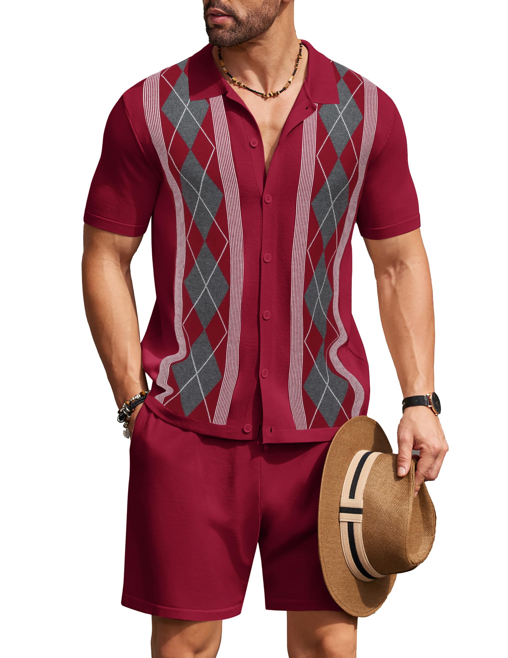 COOFANDY Men's 2 Piece Outfit Vintage Short Sleeve Button Down Knit Polo Shirts Casual Beach Shorts Sets