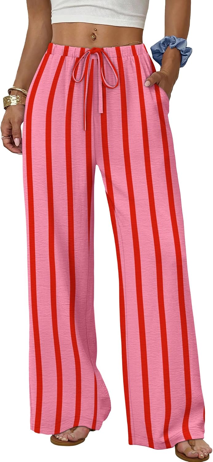 Sampeel Wide Leg Pants for Women Flowy Palazzo Drawstring Elastic Waist Trousers with Pockets Summer Beach Vacation Clothes