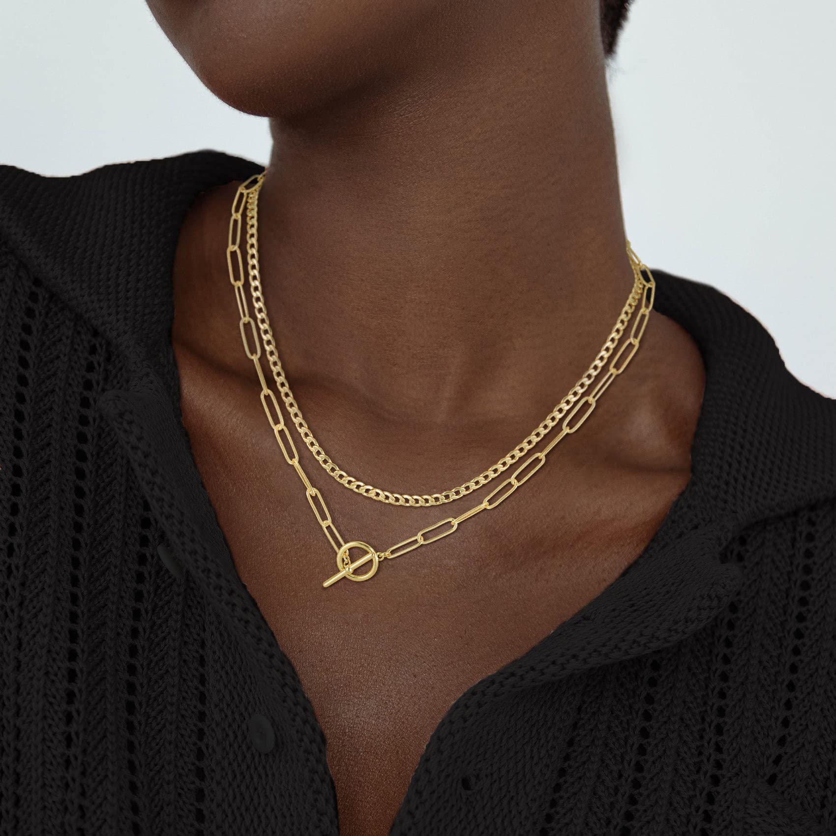 CHESKY 14K Gold Plated Layered Chain Necklace for Women | Trendy Cuban Link Chain, Chunky Paperclip Chain, Toggle Clasp Necklace, Fashion Gold Jewelry, Daily Gift for Women