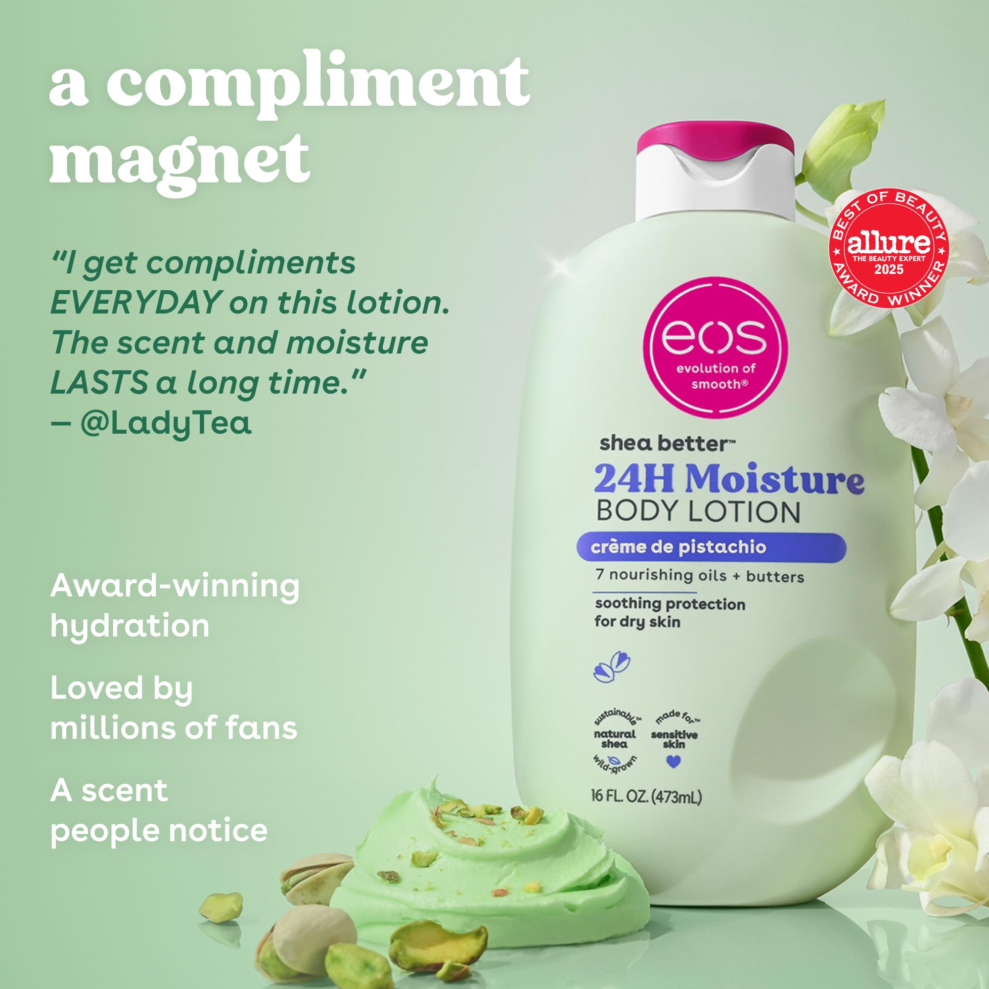 eos Shea Better Body Lotion Vanilla Cashmere, 24-Hour Moisture Skin Care, Lightweight & Non-Greasy, Natural Shea, Vegan, Vanilla Body Lotion, 16 fl oz