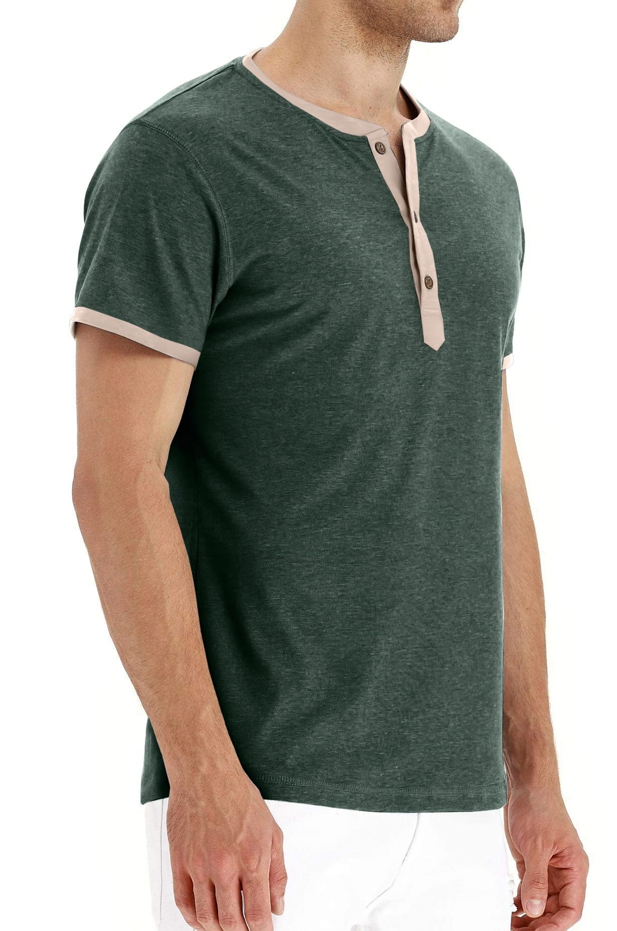 PEGENO Men's Fashion Casual Front Placket Short Sleeve Henley T-Shirts Cotton Shirts