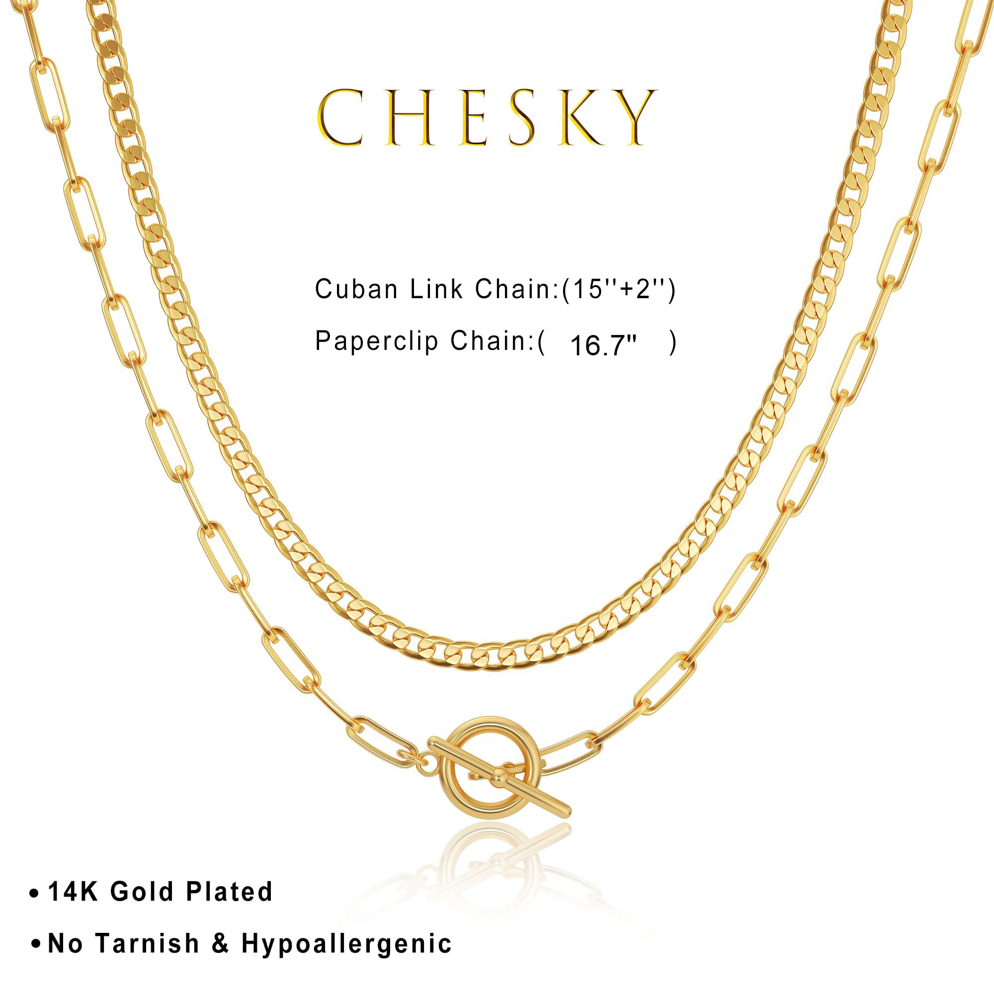 CHESKY 14K Gold Plated Layered Chain Necklace for Women | Trendy Cuban Link Chain, Chunky Paperclip Chain, Toggle Clasp Necklace, Fashion Gold Jewelry, Daily Gift for Women