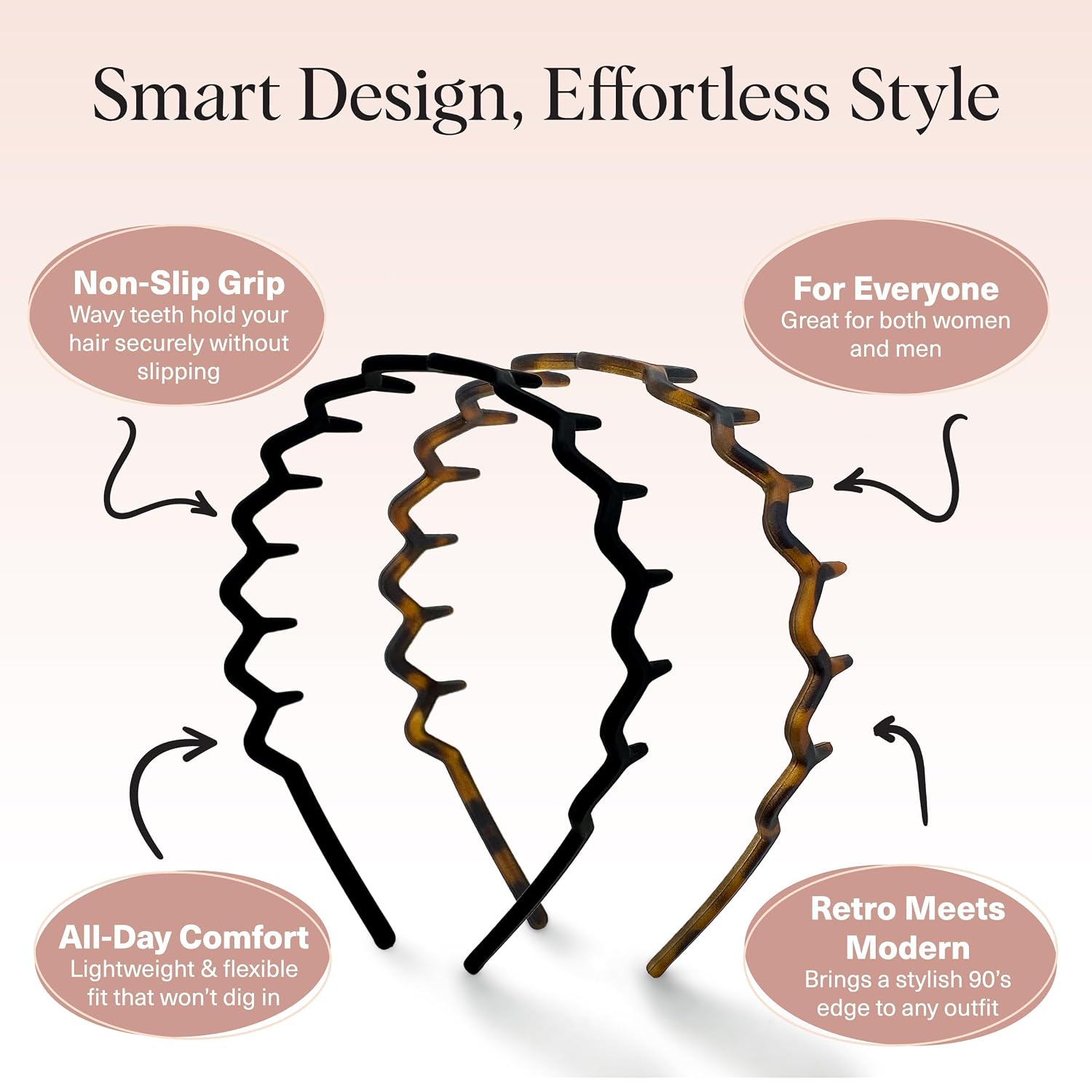 Kitsch Zig Zag Headbands for Women - Black and Tortoise, 2 pcs | Fashion Accessories for Slicked Back Styles | Comfortable Wavy Headbands | Comb Headband with Teeth