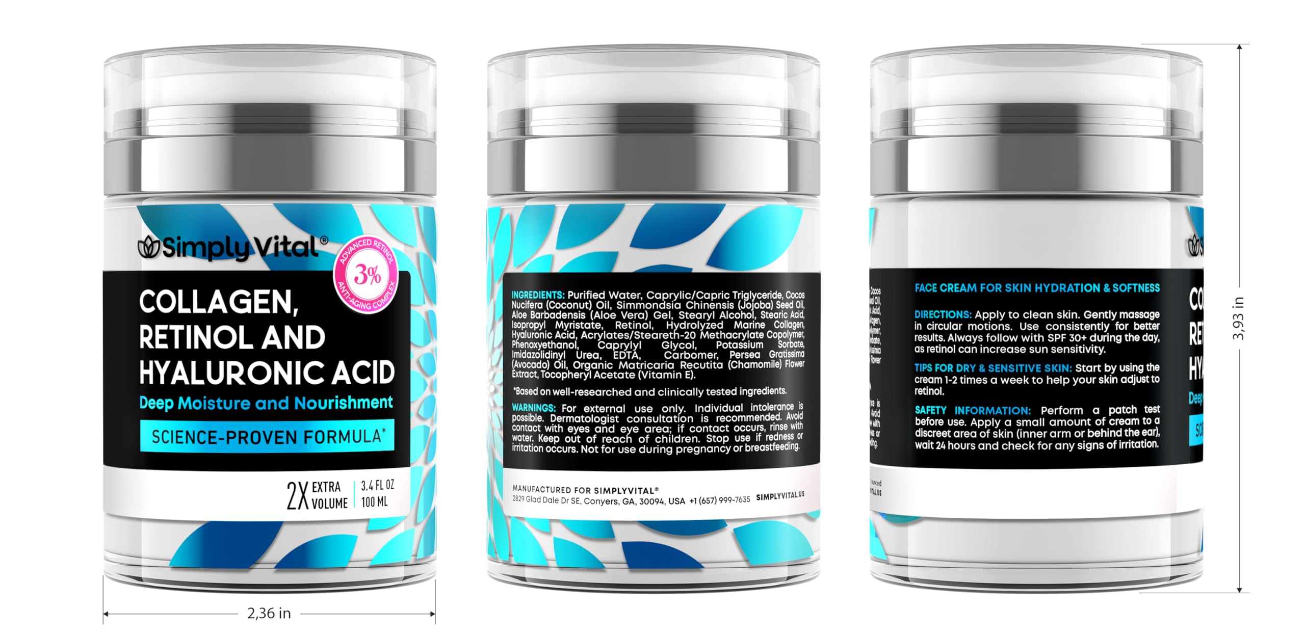 SimplyVital Face Moisturizer Retinol Collagen Hyaluronic Acid Cream 1.7 oz | Anti-Aging, Moisturizer Face Cream for Women & Men, Visibly Firming, Hydrating Neck Care, Day & Night Skin Care, Silky Feel