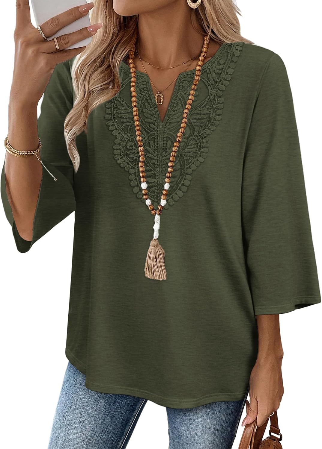 WIHOLL 3/4 Length Sleeve Womens Tops Boho V Neck Lace Shirt Trendy Blouses Dressy Casual Vacation Clothes S-3XL