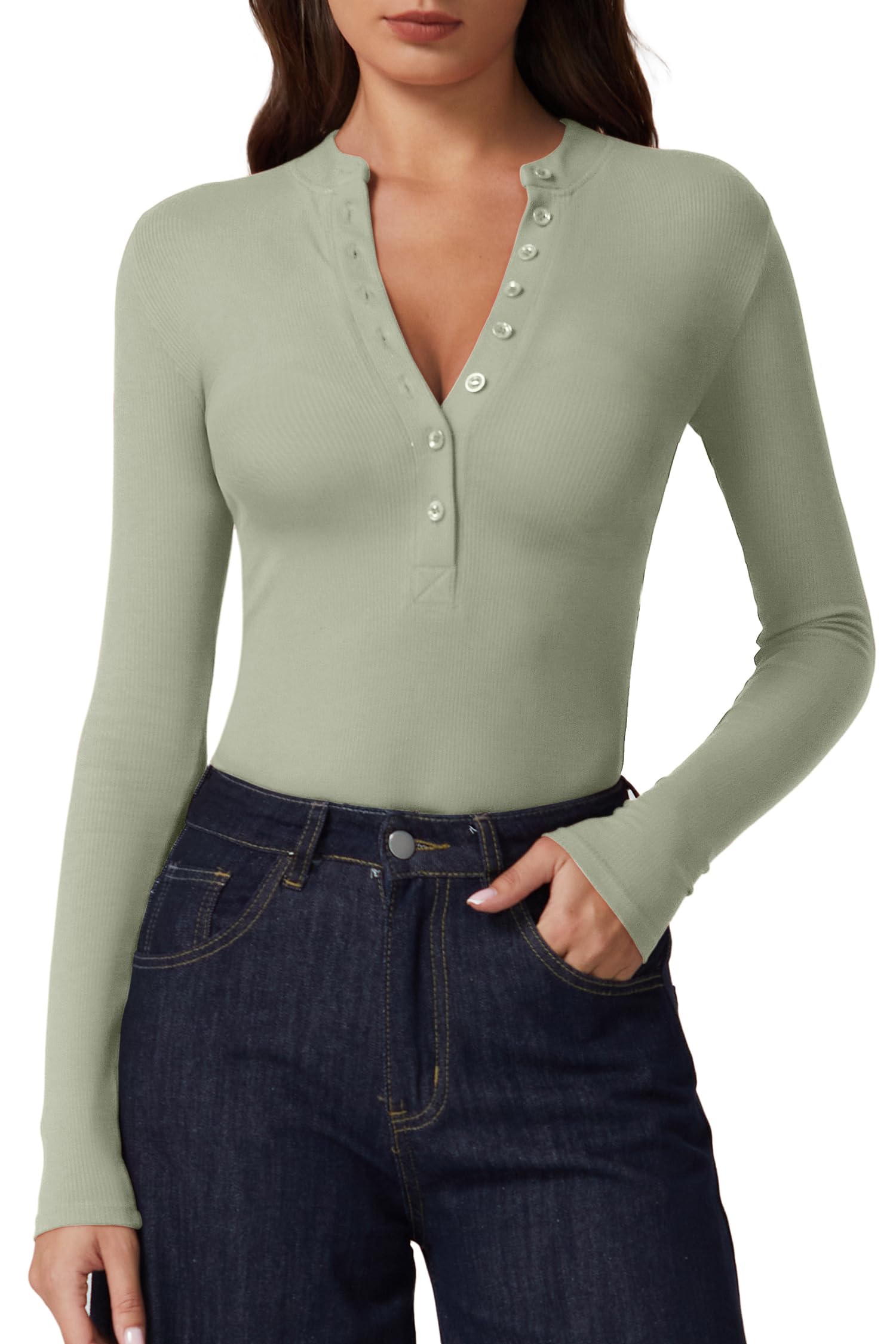 QINSEN Button Down Shirts for Women V Neck Long Sleeve Ribbed Knit Slim Fit Basic Tee Tops