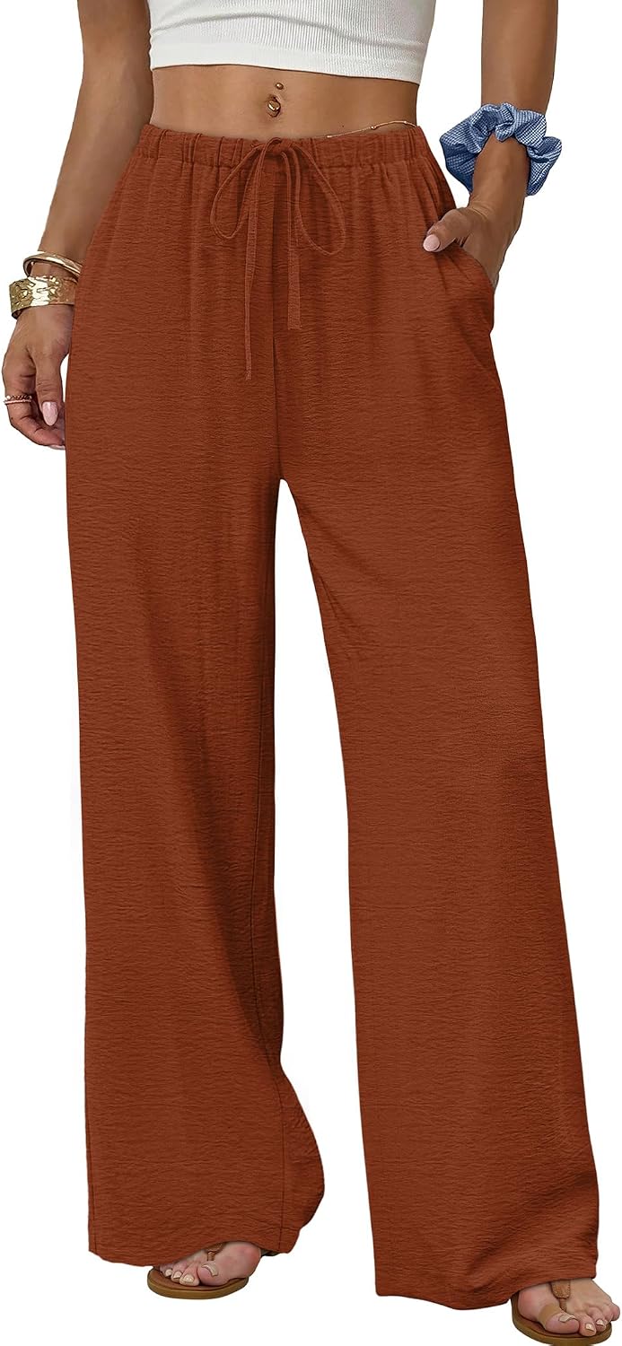 Sampeel Wide Leg Pants for Women Flowy Palazzo Drawstring Elastic Waist Trousers with Pockets Summer Beach Vacation Clothes