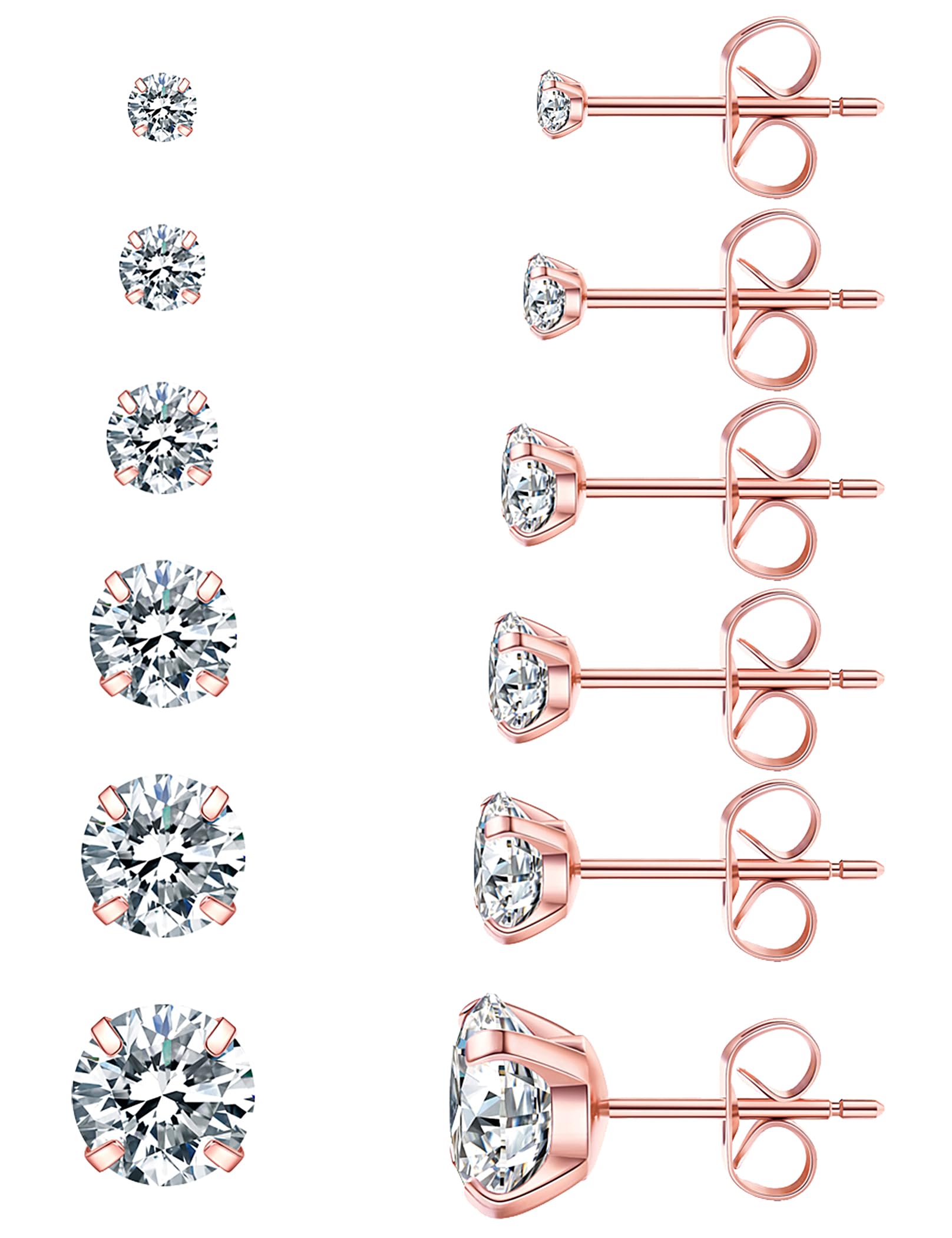 6 Pairs Stud Earrings Set, Hypoallergenic Cubic Zirconia 316L Earrings Stainless Steel CZ Earrings 3-8mm (Steel color)