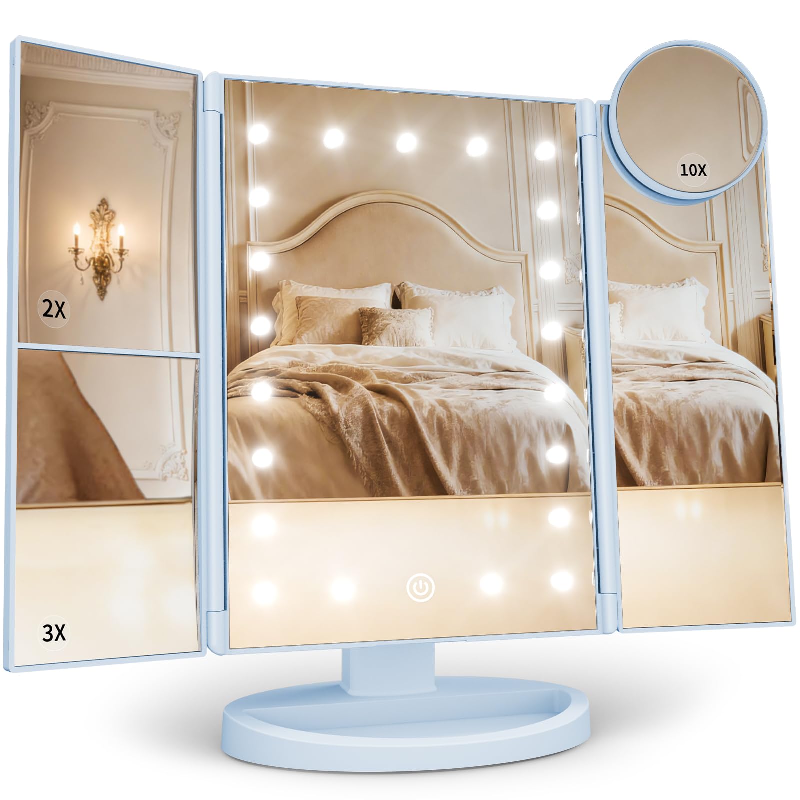 HUONUL 2X/3X/10X Magnifying Vanity Mirror with Light, Trifold Makeup Mirror | Touch Dimming, Dual Power, Clear View for Makeup, Skincare. Dorm Room Essentials. Birthday Gifts for Women, Mom, Wife, Girls