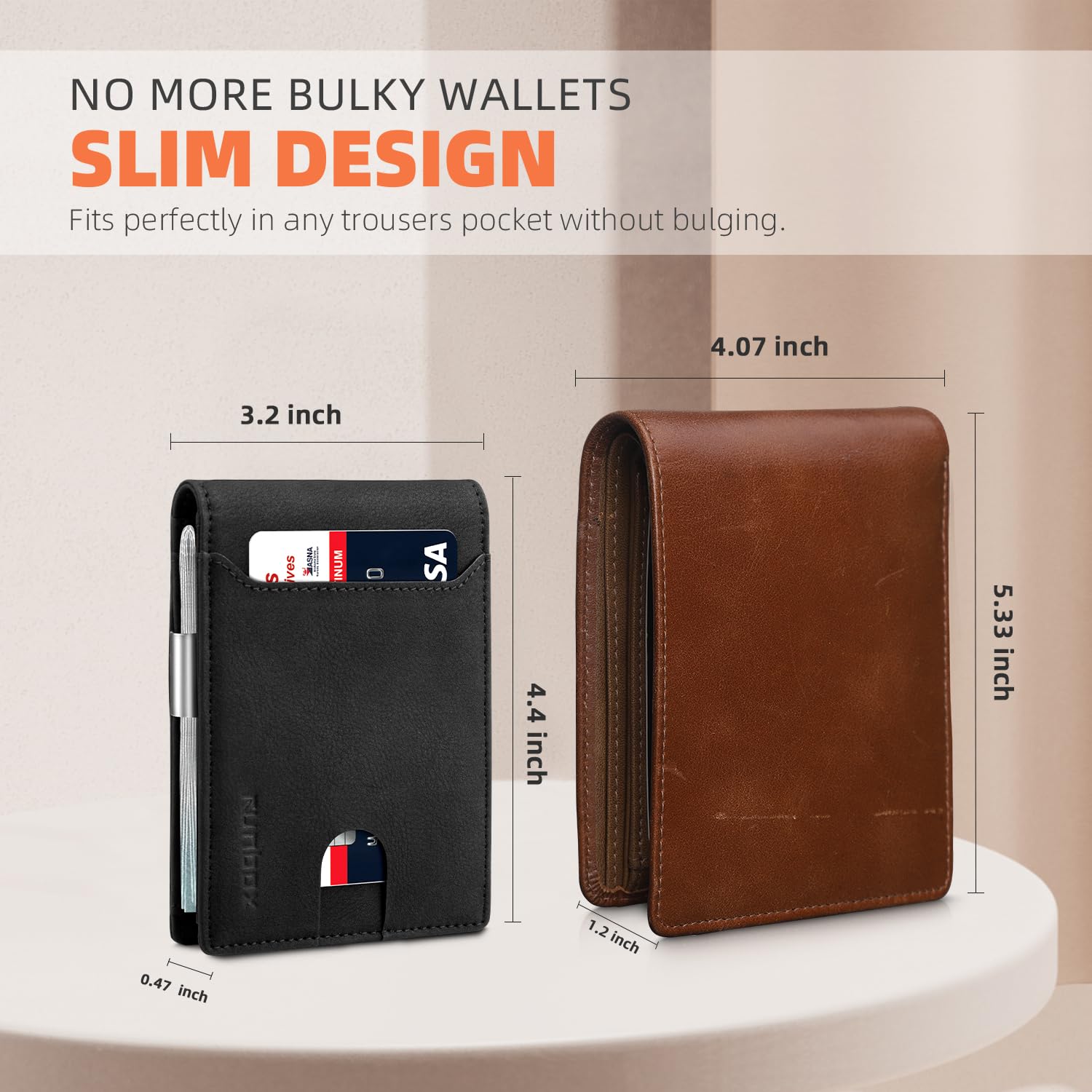 RUNBOX Slim Wallet for Men - RFID Blocking Leather Bifold with Money Clip | Minimalist Front Pocket Wallet Holds 11 Cards,Slim Thin Design,RFID Blocking Protection, Practical Birthday Gifts for Men