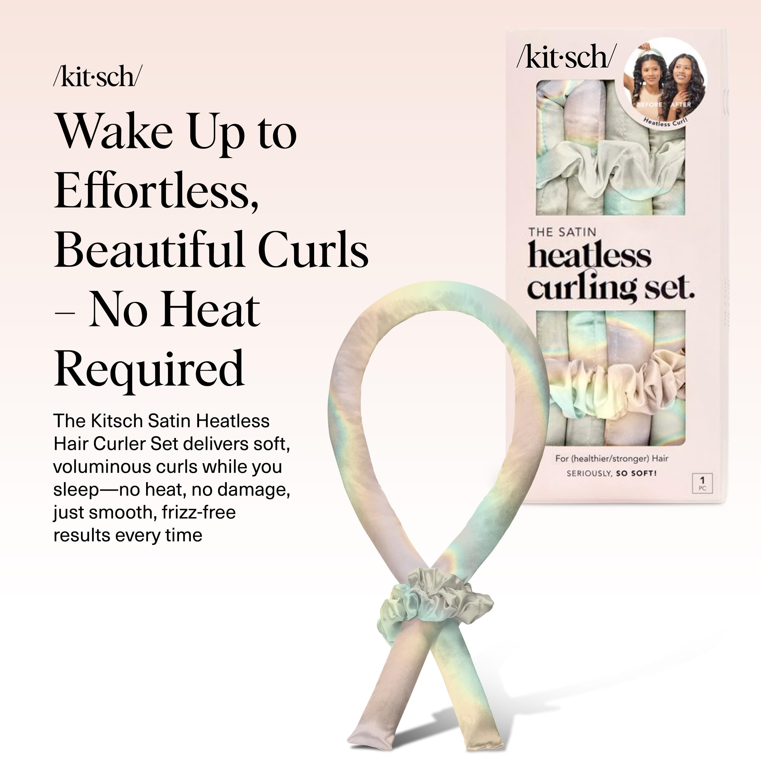 Kitsch Satin Heatless Curls Overnight Set - Sunset Tie Dye | No Heat Damage Overnight Curls | Comfortable Frizz Free Hair Curlers To Sleep In with 34" Hair Waver & 2 Satin Scrunchies