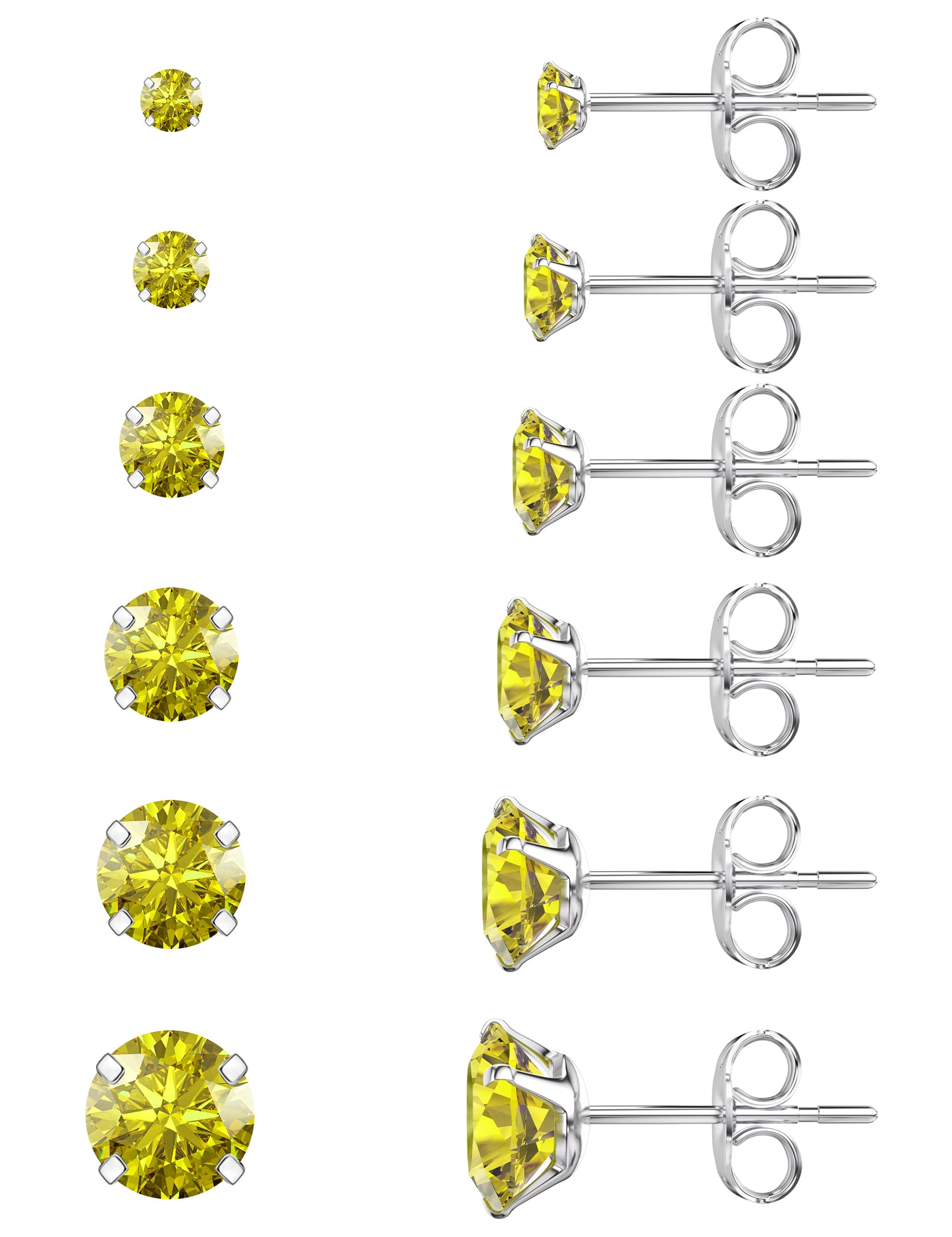 6 Pairs Stud Earrings Set, Hypoallergenic Cubic Zirconia 316L Earrings Stainless Steel CZ Earrings 3-8mm (Steel color)