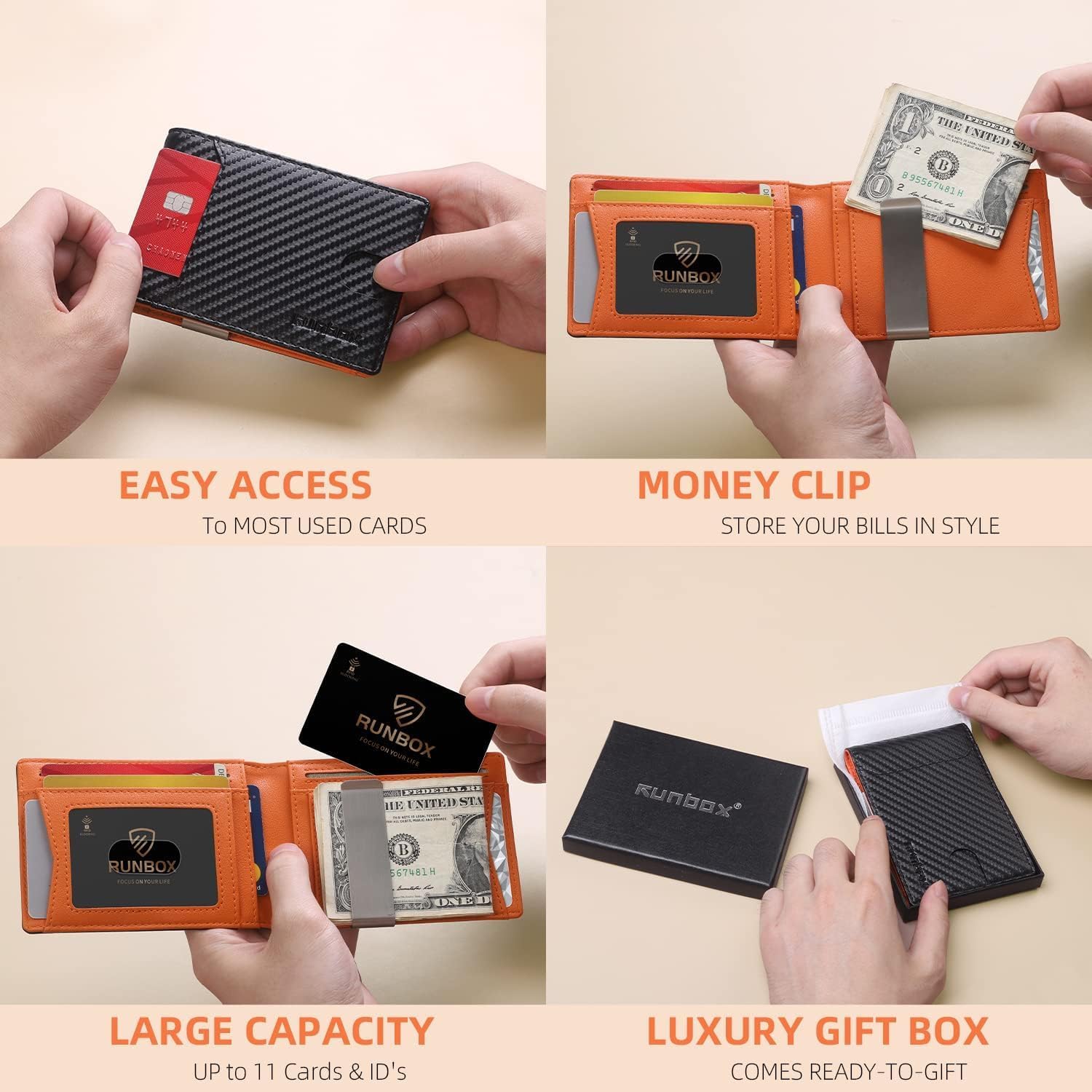 RUNBOX Slim Wallet for Men - RFID Blocking Leather Bifold with Money Clip | Minimalist Front Pocket Wallet Holds 11 Cards,Slim Thin Design,RFID Blocking Protection, Practical Birthday Gifts for Men