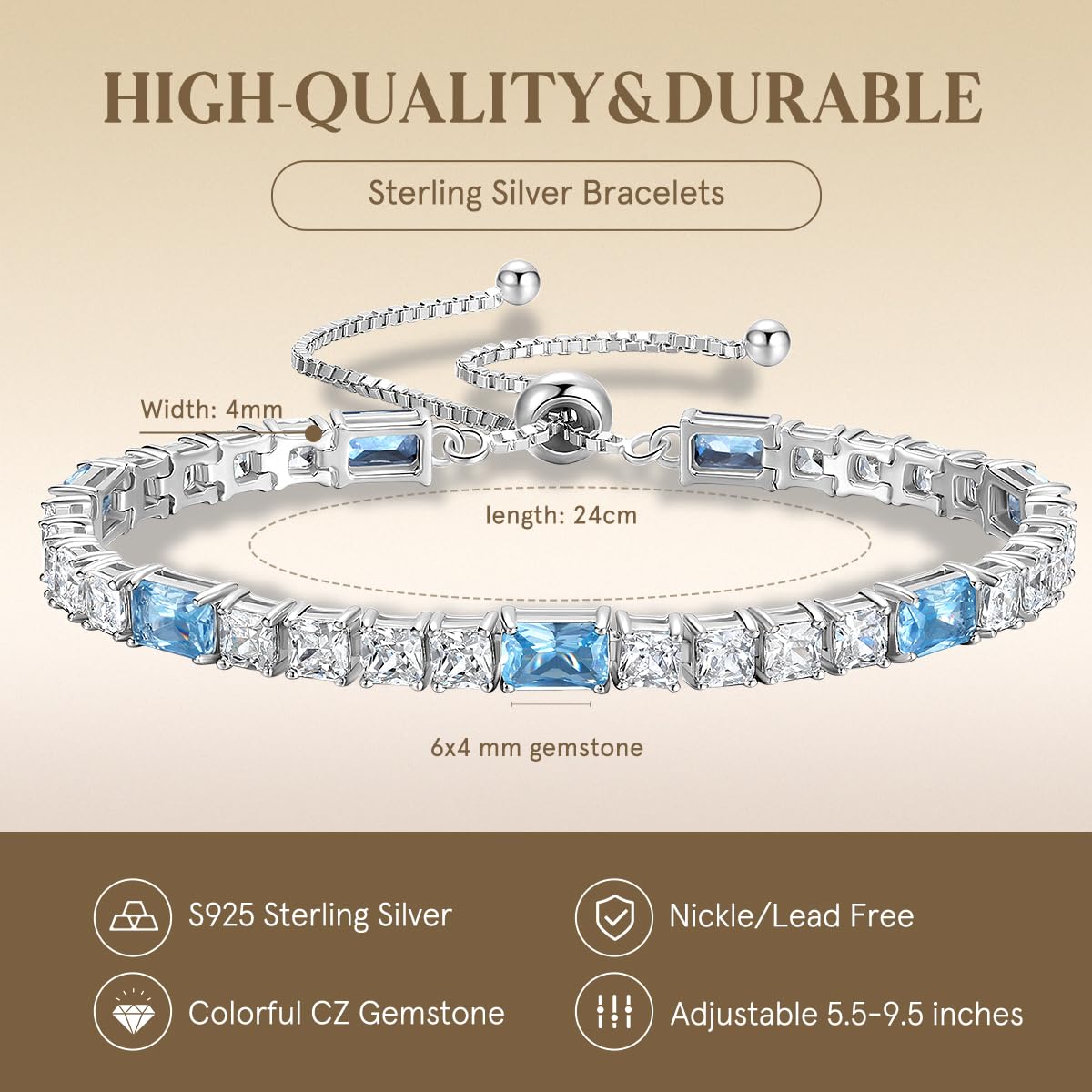 FANCIME Birthstone Bracelet for Women, Sterling Silver 4x6mm Gemstone Tennis Bracelet Bolo Adjustable Chain Fine Jewelry Birthday Gifts for Women Mom Wife Her
