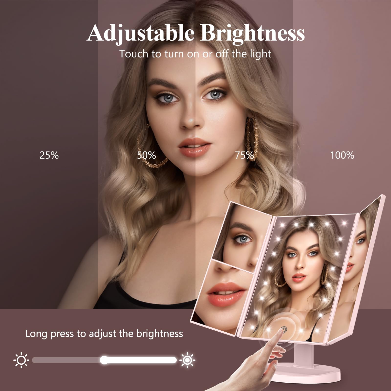 HUONUL 2X/3X/10X Magnifying Vanity Mirror with Light, Trifold Makeup Mirror | Touch Dimming, Dual Power, Clear View for Makeup, Skincare. Dorm Room Essentials. Birthday Gifts for Women, Mom, Wife, Girls
