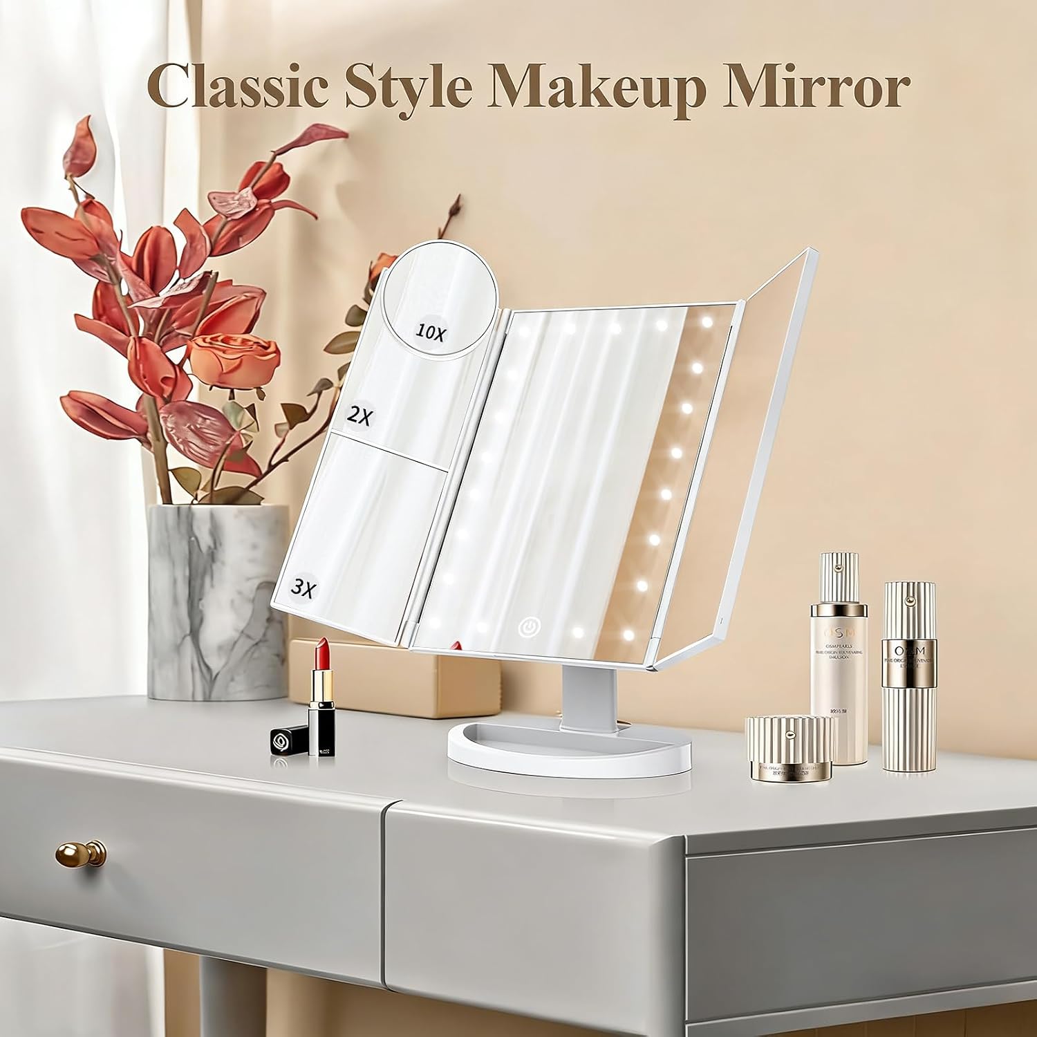 HUONUL 2X/3X/10X Magnifying Vanity Mirror with Light, Trifold Makeup Mirror | Touch Dimming, Dual Power, Clear View for Makeup, Skincare. Dorm Room Essentials. Birthday Gifts for Women, Mom, Wife, Girls
