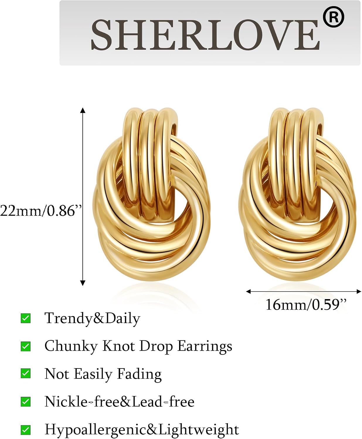 SHERLOVE Chunky Knot Gold Earrings Women Statement Drop Dangle Earrings | 14K Gold Plated Hypoallergenic Lightweight,Trendy Dainty Elegant Cute,Women Gold Jewelry Fashion Accessories Gifts