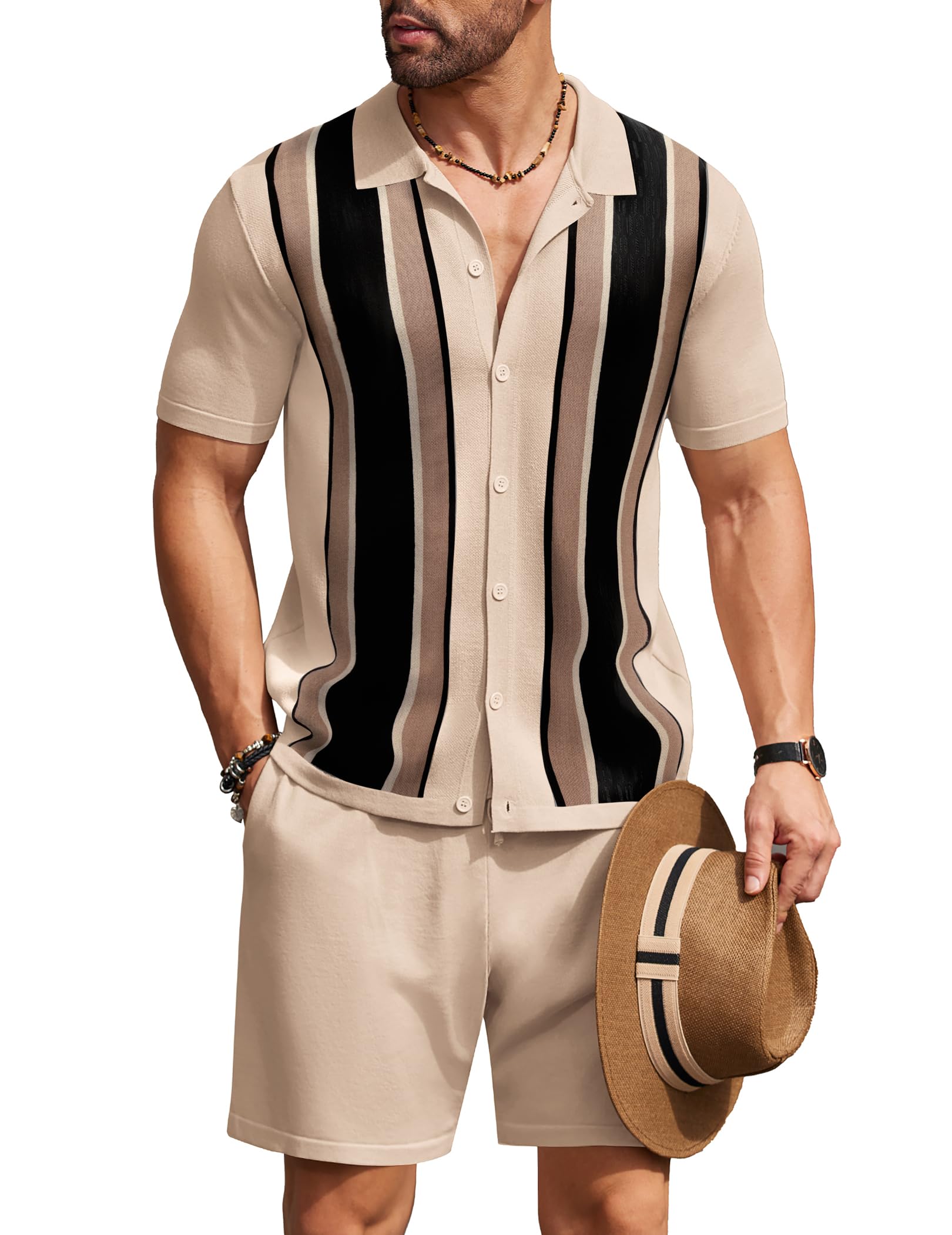 COOFANDY Men's 2 Piece Outfit Vintage Short Sleeve Button Down Knit Polo Shirts Casual Beach Shorts Sets