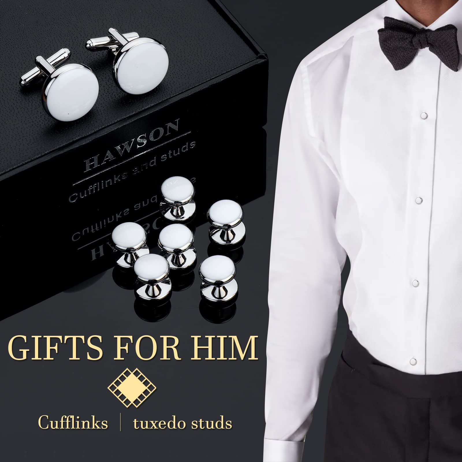 HAWSON Men’s Cufflinks and Tuxedo Studs Set with Gift Box; Men’s Jewelry or Accessories Suitable for Black Suit White Shirts Vest and Red Bow tie on Wedding or Anniversary and Birthday