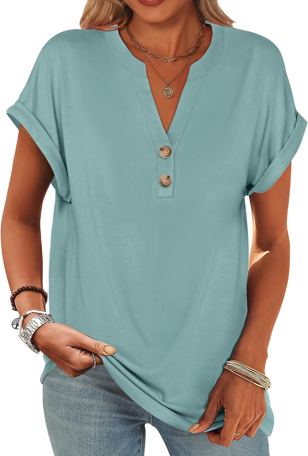 ANRABESS Womens Short Sleeve Henley Tops V Neck Dressy Casual Blouses Summer Trendy Tee Shirts 2026 Vacation Fashion Clothes
