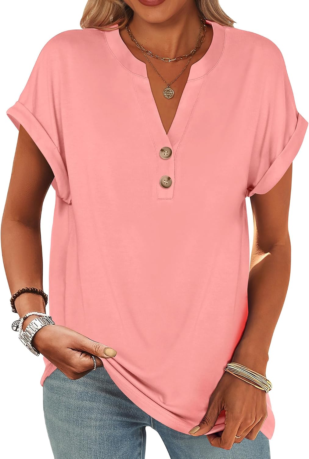 ANRABESS Womens Short Sleeve Henley Tops V Neck Dressy Casual Blouses Summer Trendy Tee Shirts 2026 Vacation Fashion Clothes