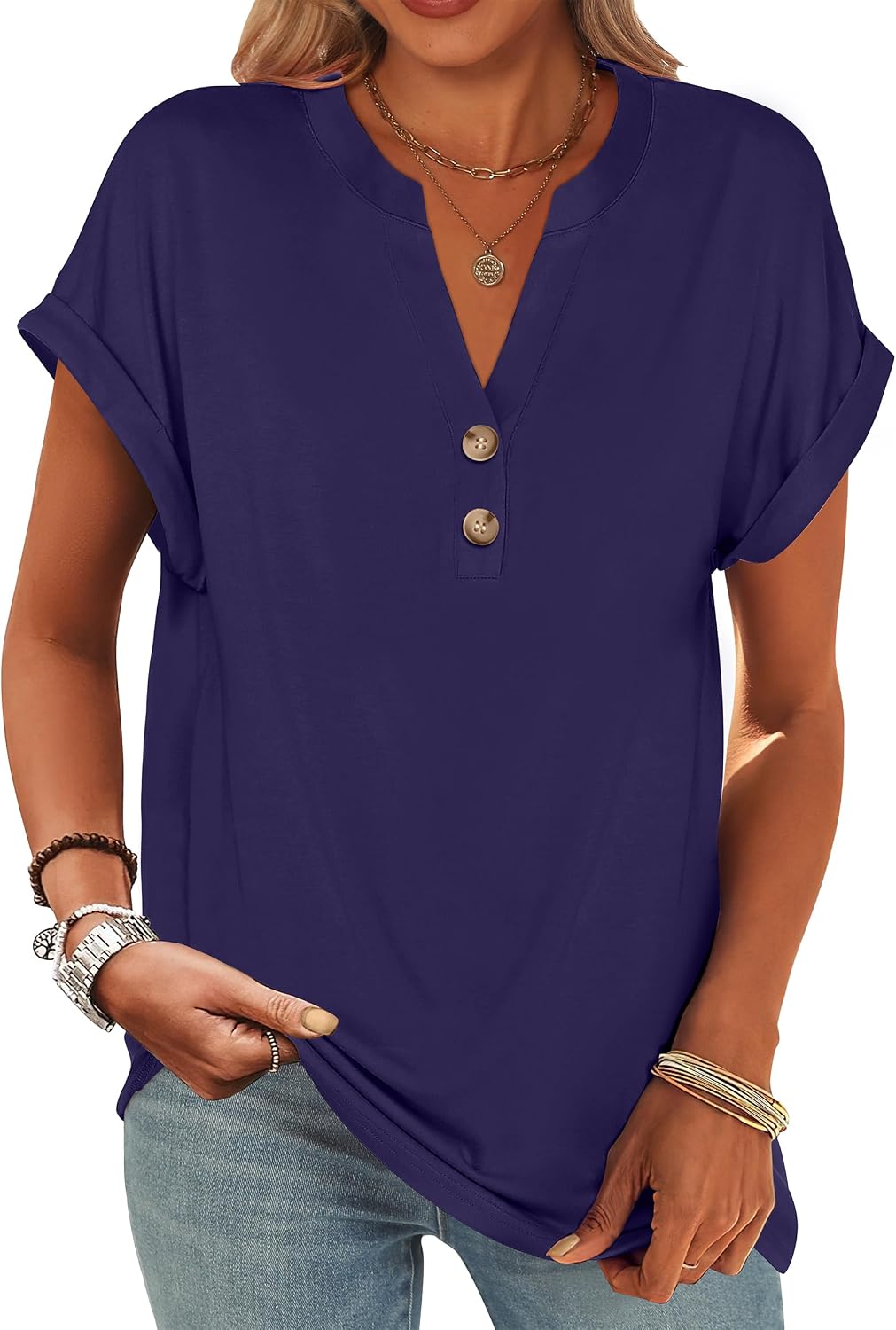 ANRABESS Womens Short Sleeve Henley Tops V Neck Dressy Casual Blouses Summer Trendy Tee Shirts 2026 Vacation Fashion Clothes