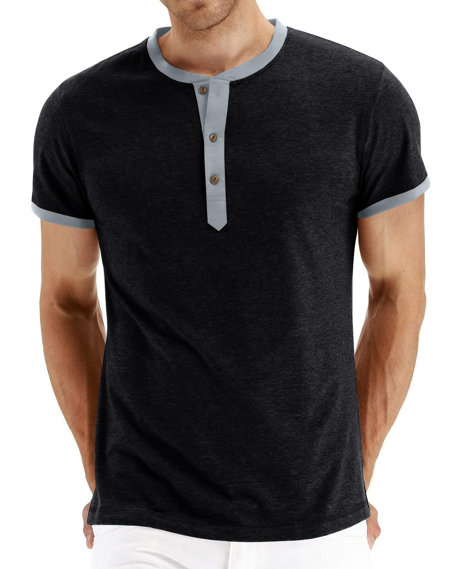 PEGENO Men's Fashion Casual Front Placket Short Sleeve Henley T-Shirts Cotton Shirts
