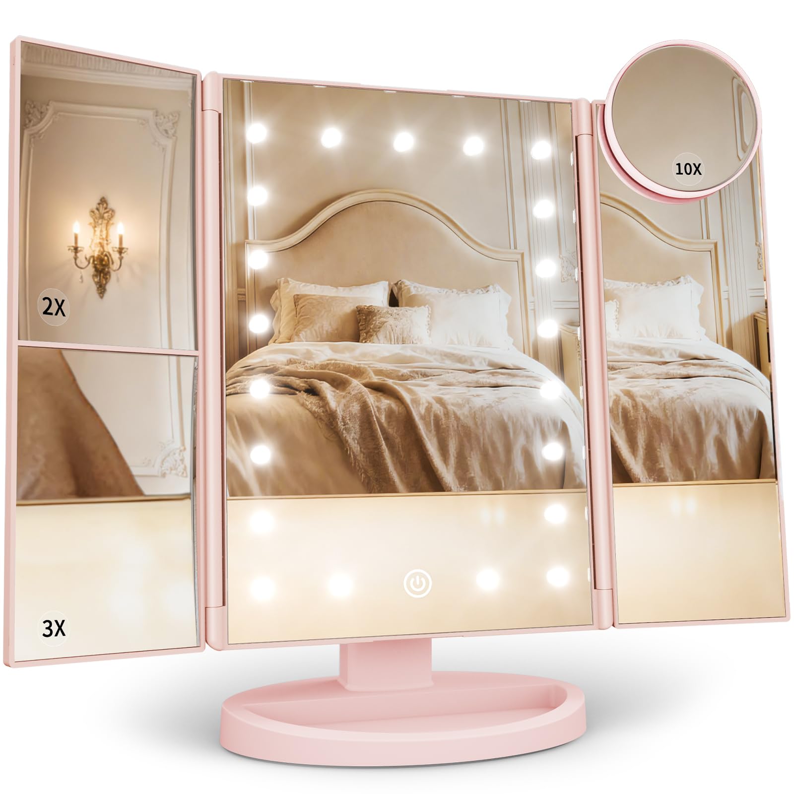 HUONUL 2X/3X/10X Magnifying Vanity Mirror with Light, Trifold Makeup Mirror | Touch Dimming, Dual Power, Clear View for Makeup, Skincare. Dorm Room Essentials. Birthday Gifts for Women, Mom, Wife, Girls