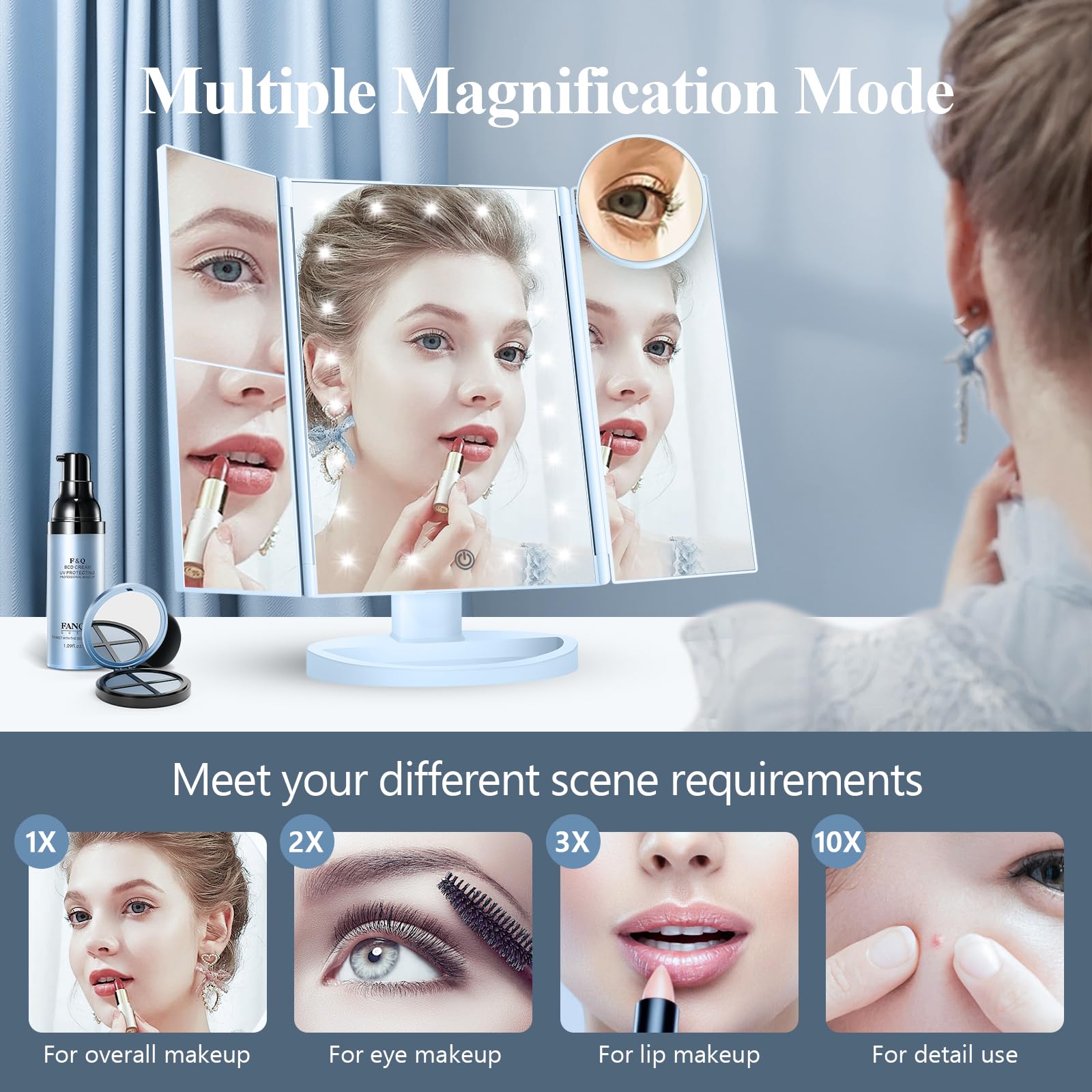HUONUL 2X/3X/10X Magnifying Vanity Mirror with Light, Trifold Makeup Mirror | Touch Dimming, Dual Power, Clear View for Makeup, Skincare. Dorm Room Essentials. Birthday Gifts for Women, Mom, Wife, Girls