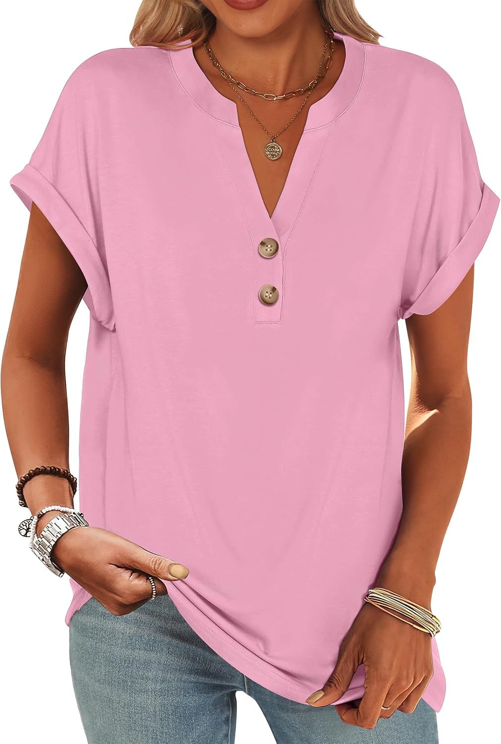 ANRABESS Womens Short Sleeve Henley Tops V Neck Dressy Casual Blouses Summer Trendy Tee Shirts 2026 Vacation Fashion Clothes