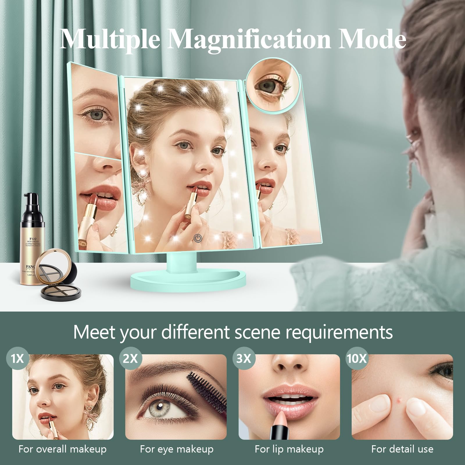 HUONUL 2X/3X/10X Magnifying Vanity Mirror with Light, Trifold Makeup Mirror | Touch Dimming, Dual Power, Clear View for Makeup, Skincare. Dorm Room Essentials. Birthday Gifts for Women, Mom, Wife, Girls