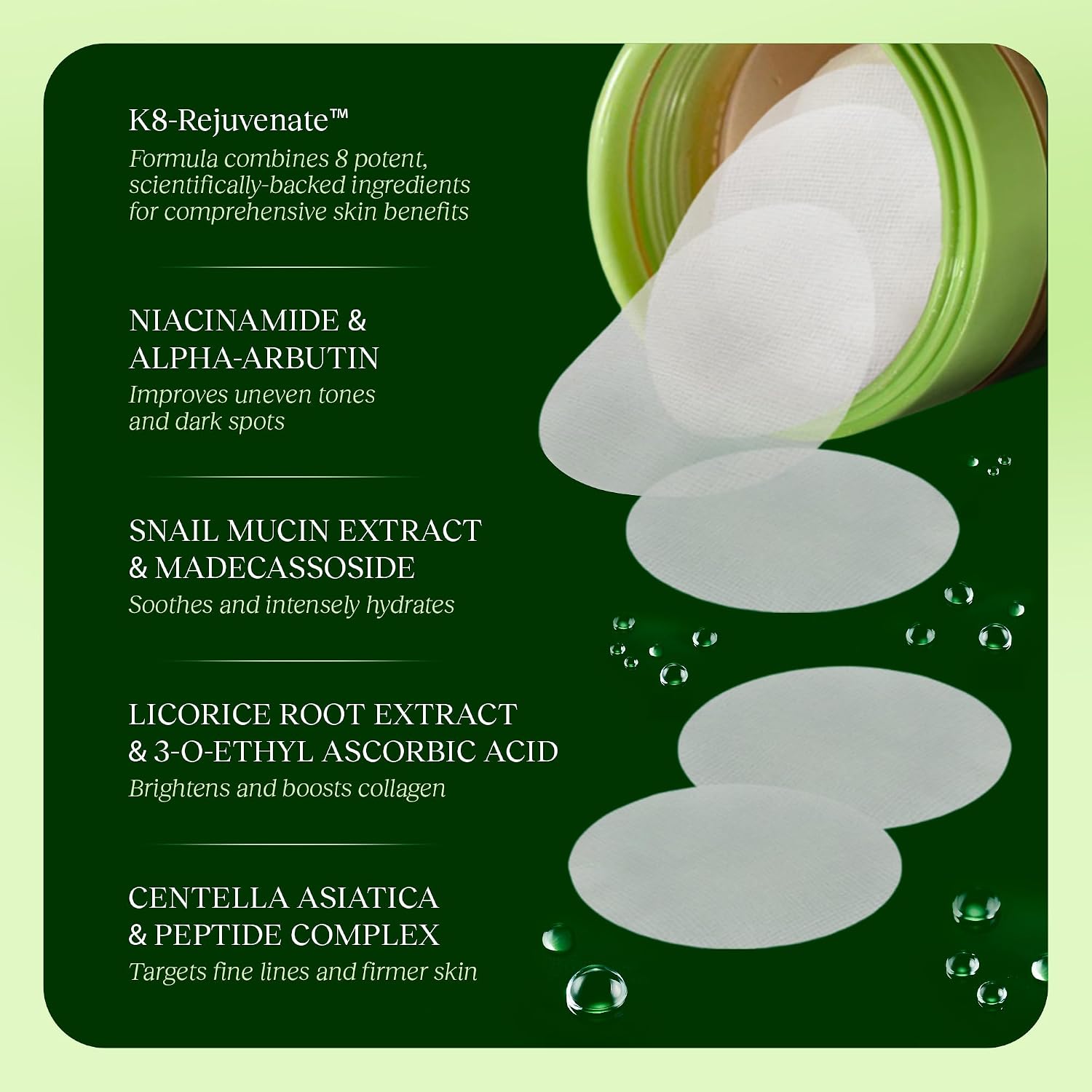 JIYU Toner Pads - Korean Skincare for Dark Spots, Wrinkles & Dull Skin - Hydrating Facial Treatment with Snail Mucin, Niacinamide, Peptides & Centella - 100 Count