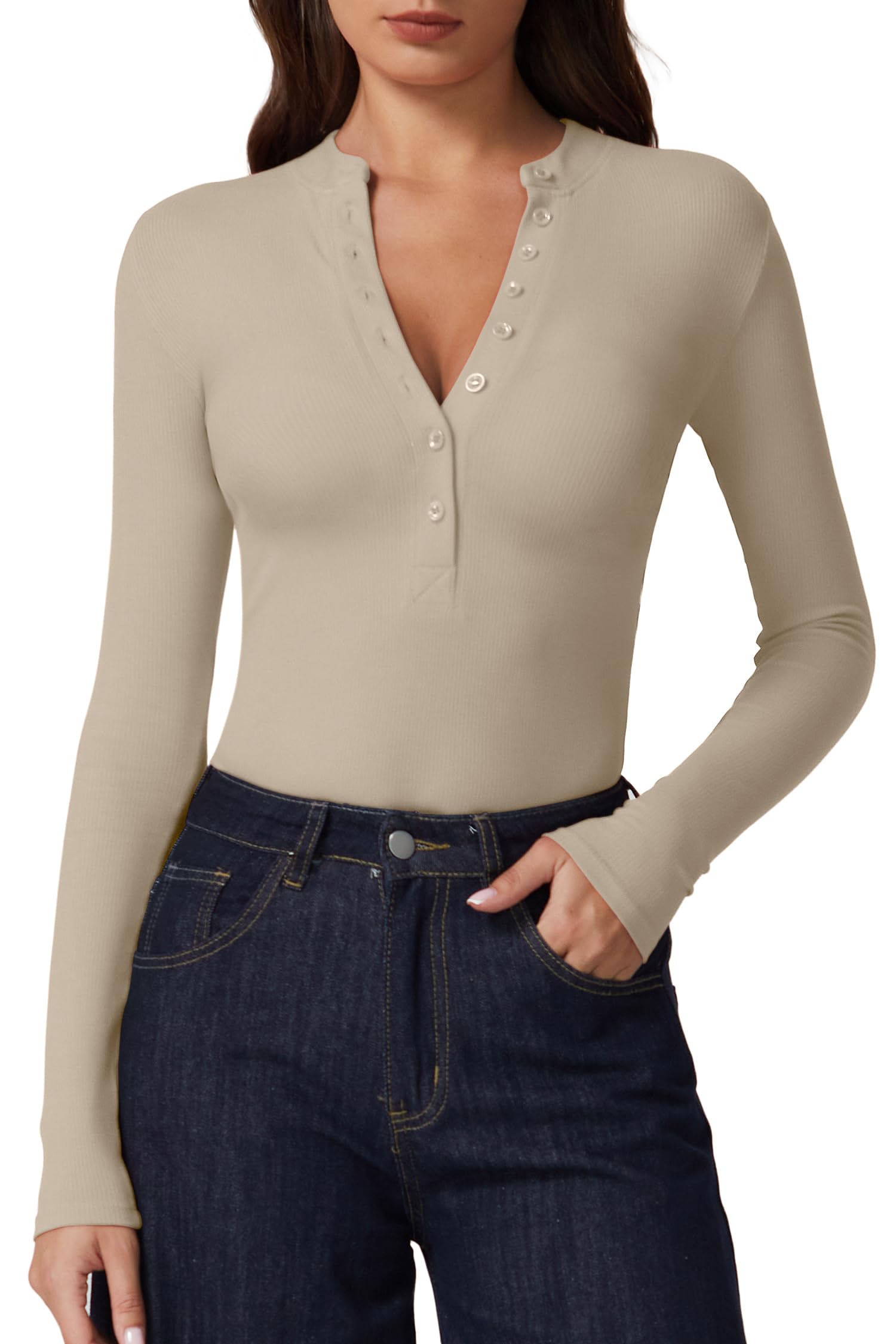 QINSEN Button Down Shirts for Women V Neck Long Sleeve Ribbed Knit Slim Fit Basic Tee Tops