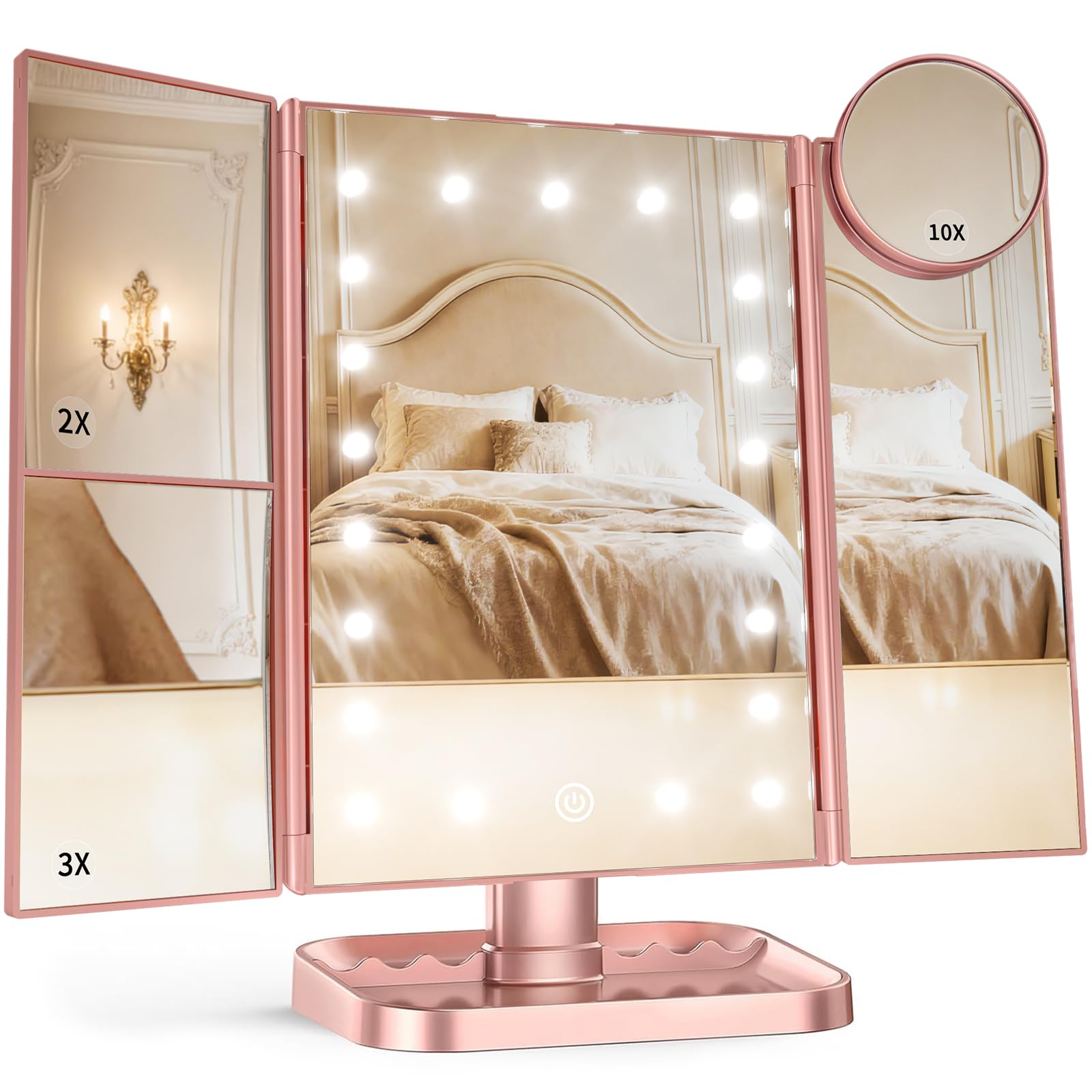 HUONUL 2X/3X/10X Magnifying Vanity Mirror with Light, Trifold Makeup Mirror | Touch Dimming, Dual Power, Clear View for Makeup, Skincare. Dorm Room Essentials. Birthday Gifts for Women, Mom, Wife, Girls