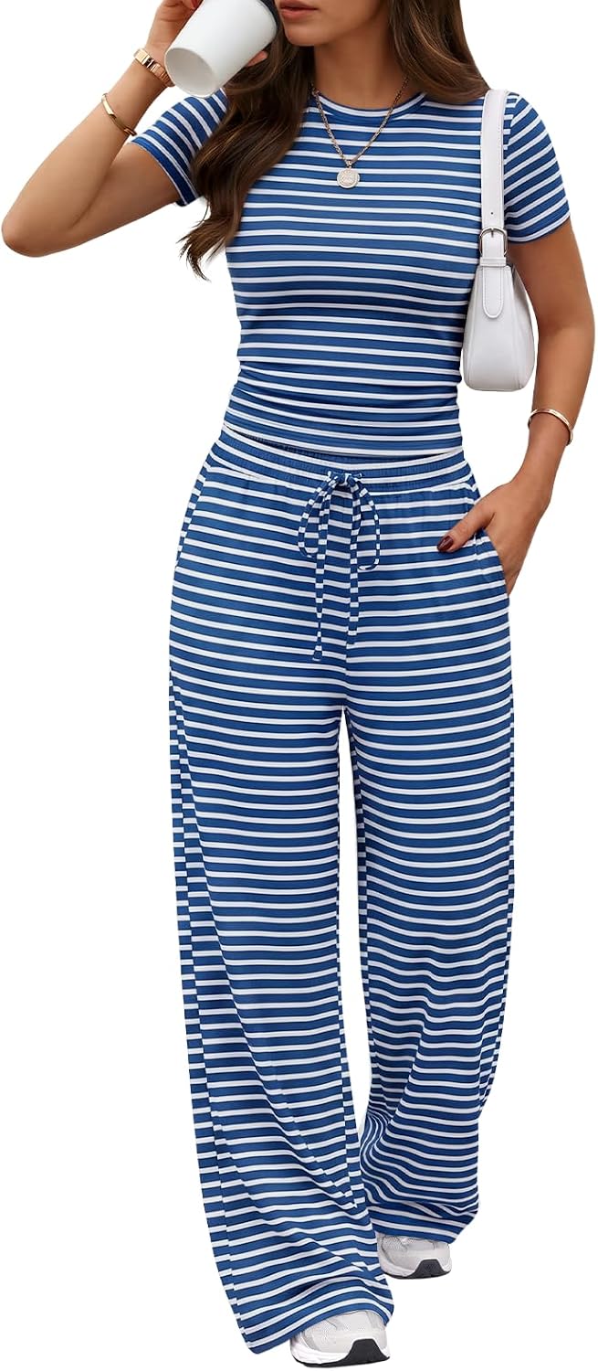 Trendy Queen Women's 2 Piece Matching Summer Lounge Set with Pockets | Vacation Airport Travel Outfits, Workout Gym Clothing Comfy Athleisure Clothes, Side-ruched Top, Drawstring Wide Leg Pants