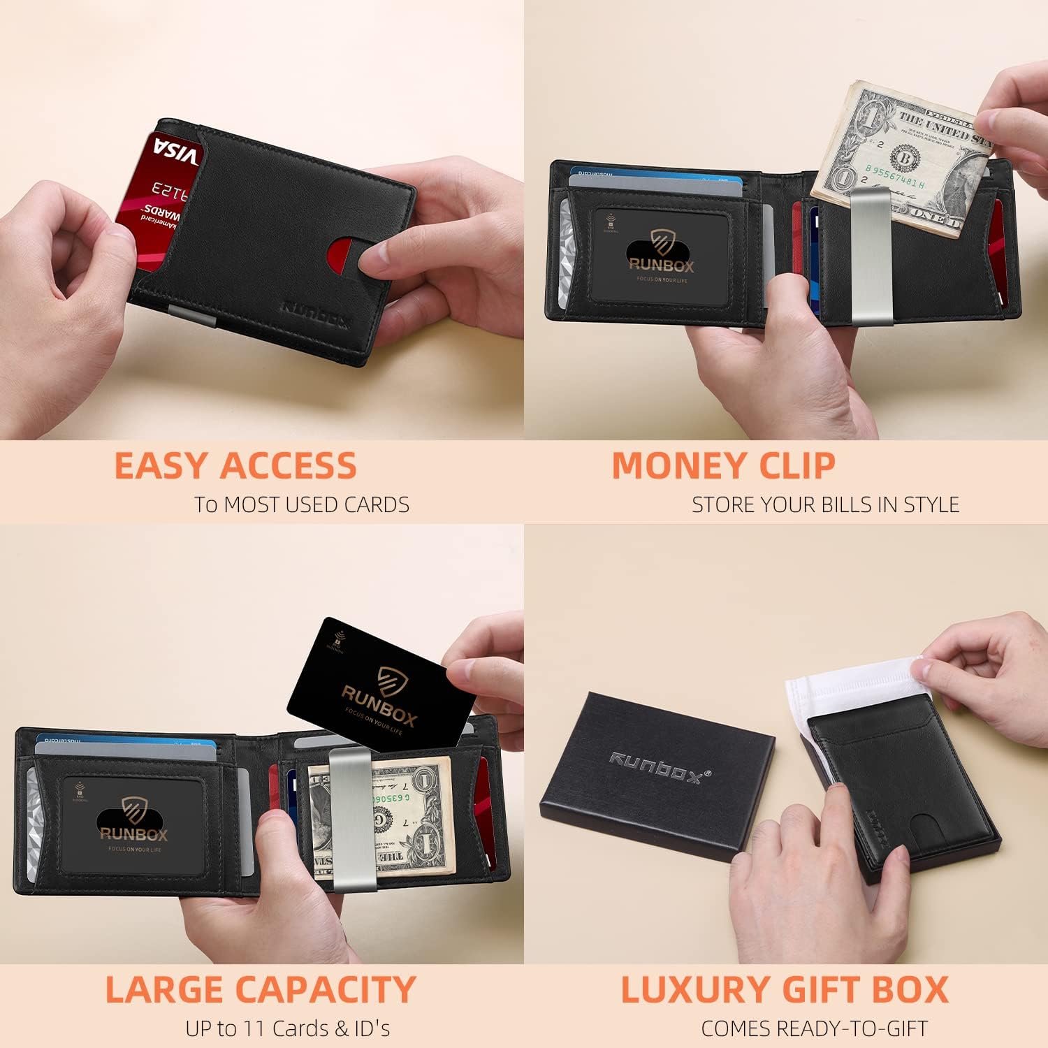 RUNBOX Slim Wallet for Men - RFID Blocking Leather Bifold with Money Clip | Minimalist Front Pocket Wallet Holds 11 Cards,Slim Thin Design,RFID Blocking Protection, Practical Birthday Gifts for Men