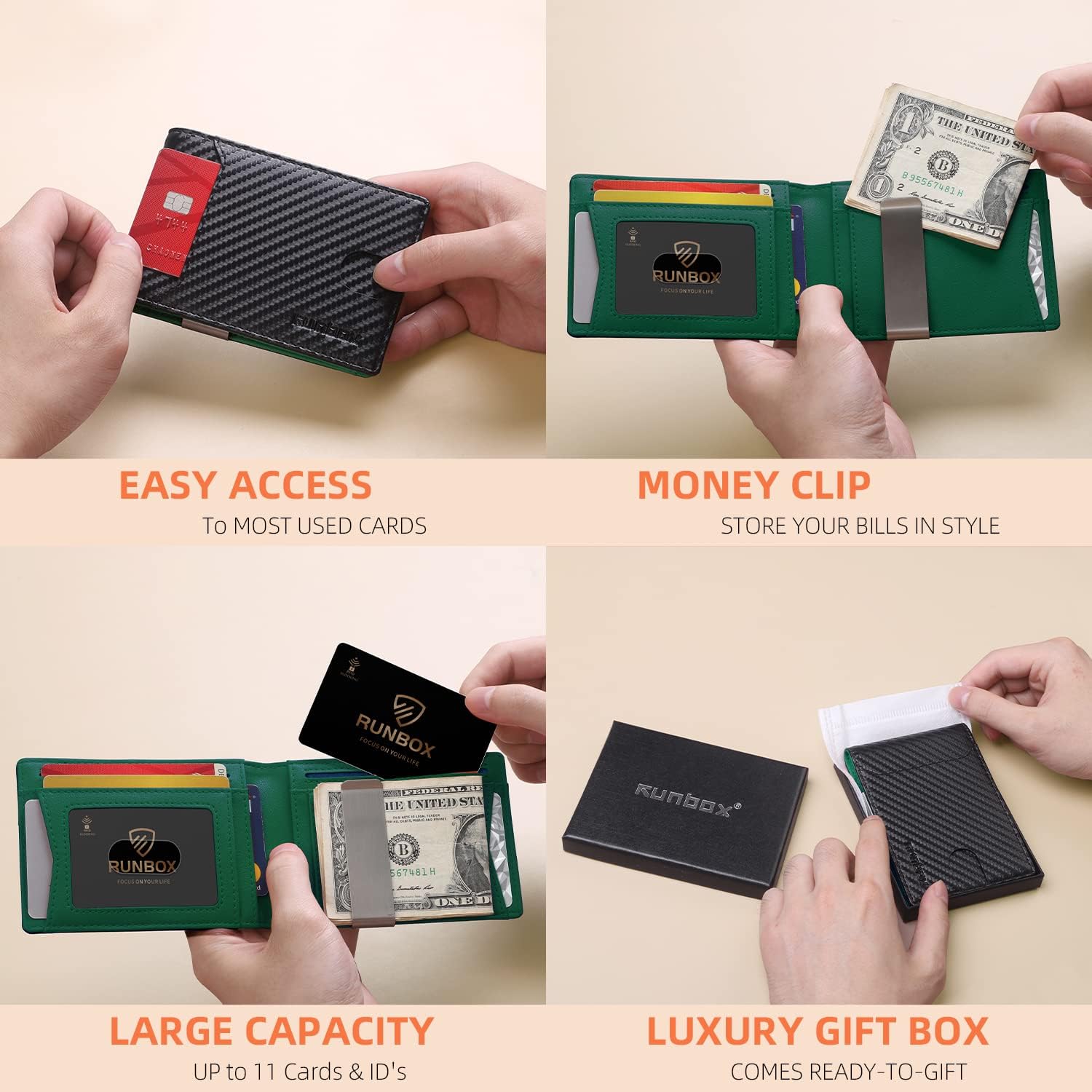 RUNBOX Slim Wallet for Men - RFID Blocking Leather Bifold with Money Clip | Minimalist Front Pocket Wallet Holds 11 Cards,Slim Thin Design,RFID Blocking Protection, Practical Birthday Gifts for Men
