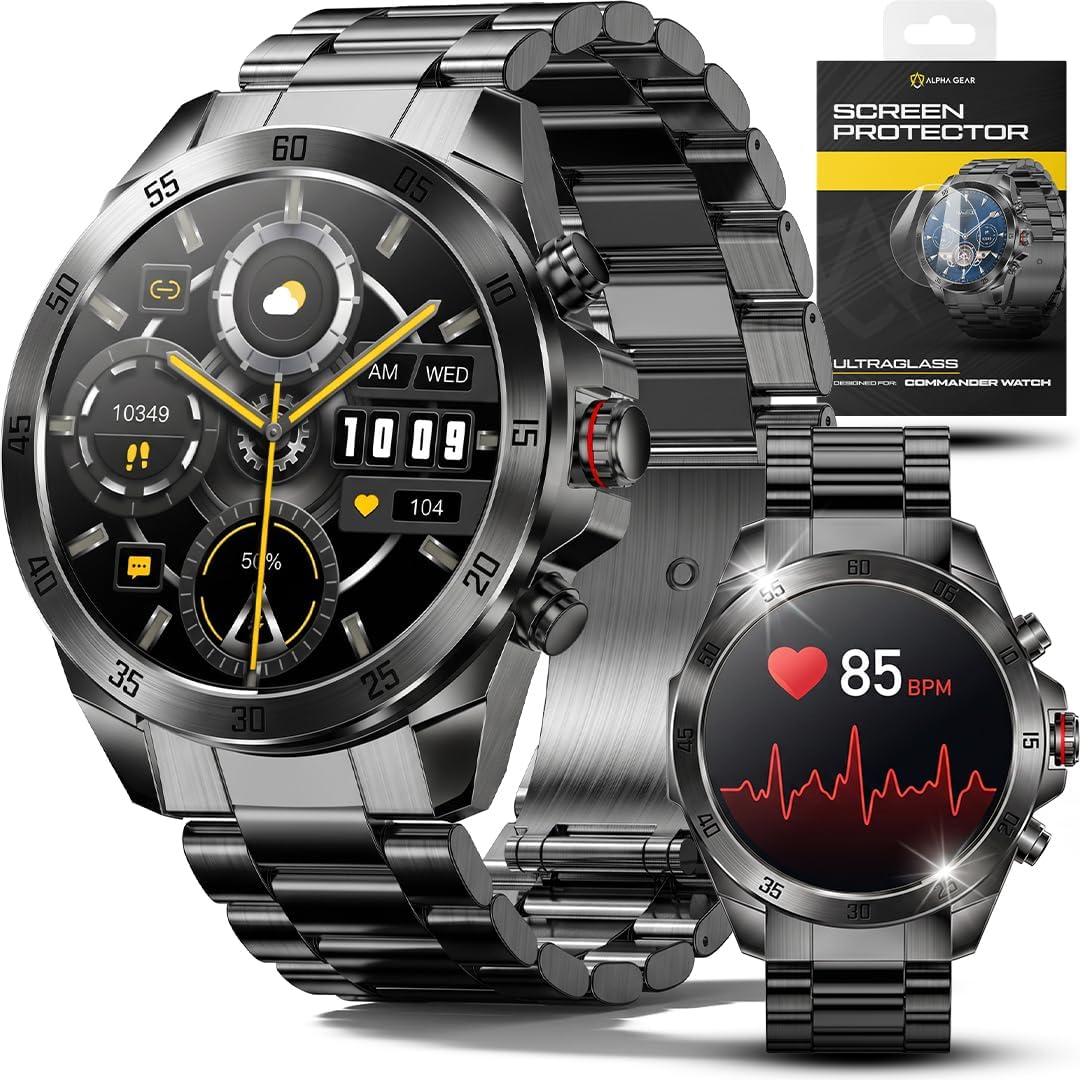 ALPHAGEAR Commander Smartwatch for Men, Tactical Military Smart Watch, 12-Day Battery, AMOLED Display, Bluetooth Calling, IP68 Water Resistant, Stainless Steel, for Android iPhone, Dark Gray
