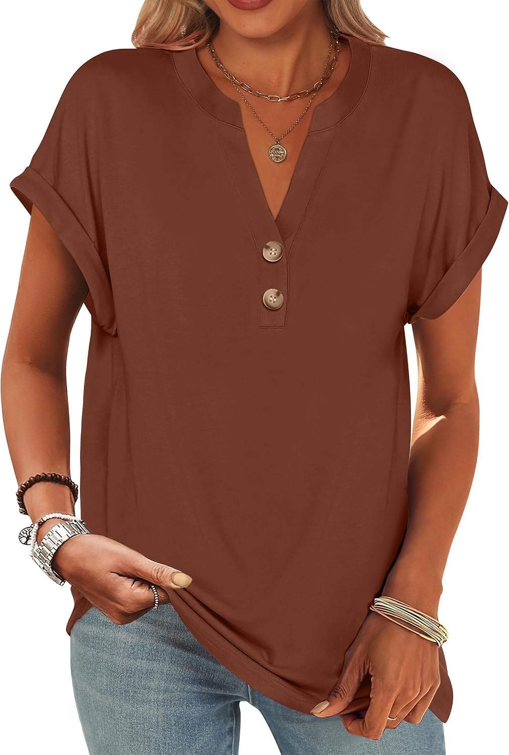 ANRABESS Womens Short Sleeve Henley Tops V Neck Dressy Casual Blouses Summer Trendy Tee Shirts 2026 Vacation Fashion Clothes