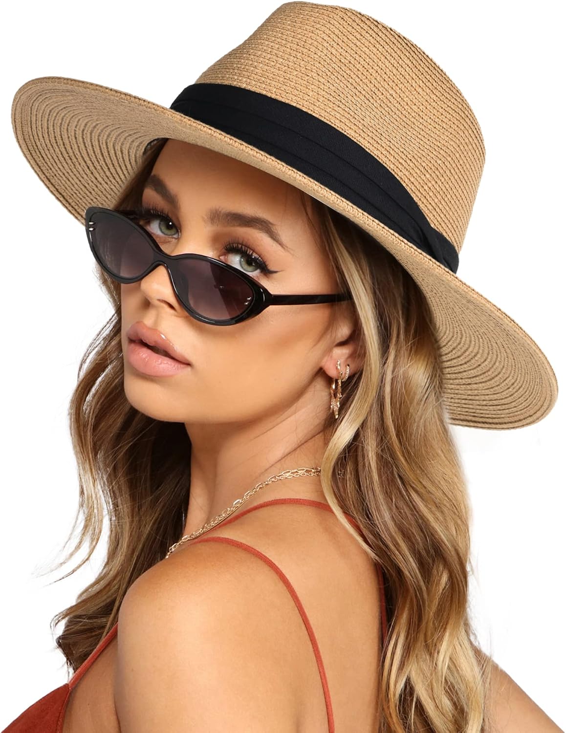 FURTALK Womens Mens Wide Brim Straw Panama Hat Fedora Summer Beach Sun Hat | Breathable Paper Straw, Classic Ribbon Trim, UPF Protection, Adjustable Band Inside, Chin Strap for Gusty Winds