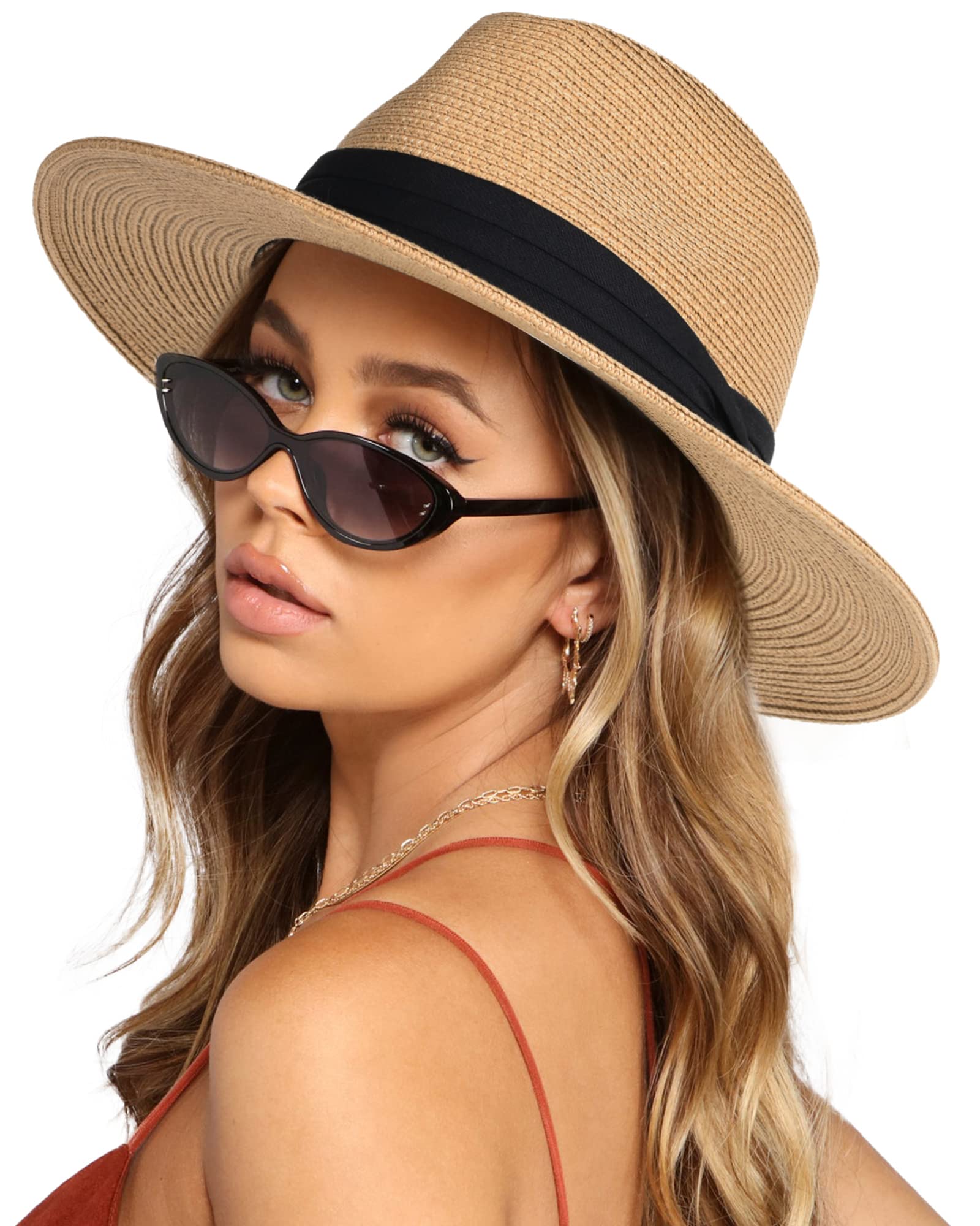 FURTALK Womens Mens Wide Brim Straw Panama Hat Fedora Summer Beach Sun Hat | Breathable Paper Straw, Classic Ribbon Trim, UPF Protection, Adjustable Band Inside, Chin Strap for Gusty Winds