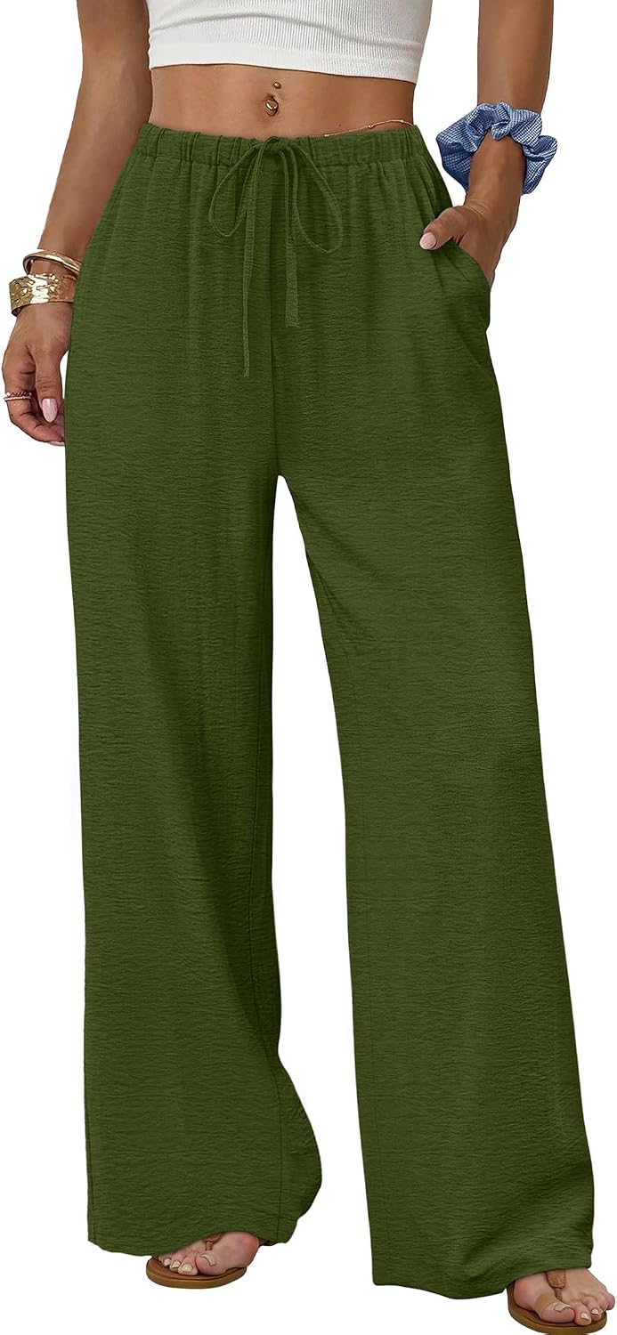 Sampeel Wide Leg Pants for Women Flowy Palazzo Drawstring Elastic Waist Trousers with Pockets Summer Beach Vacation Clothes