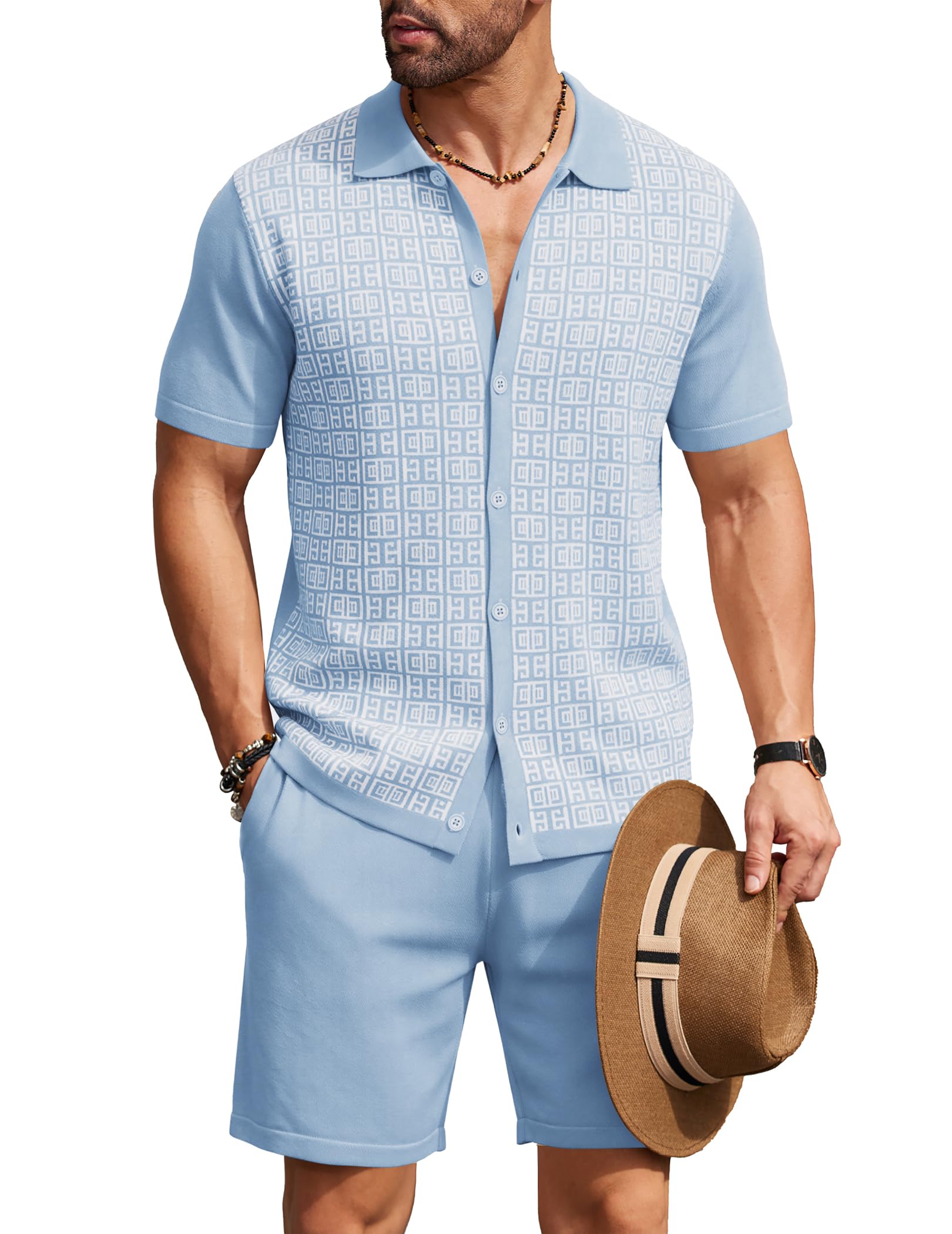COOFANDY Men's 2 Piece Outfit Vintage Short Sleeve Button Down Knit Polo Shirts Casual Beach Shorts Sets
