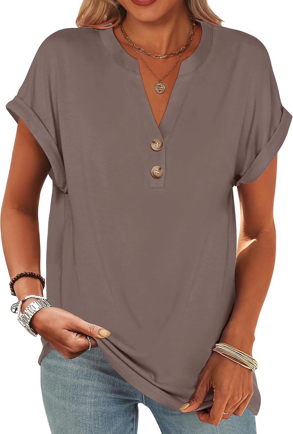ANRABESS Womens Short Sleeve Henley Tops V Neck Dressy Casual Blouses Summer Trendy Tee Shirts 2026 Vacation Fashion Clothes