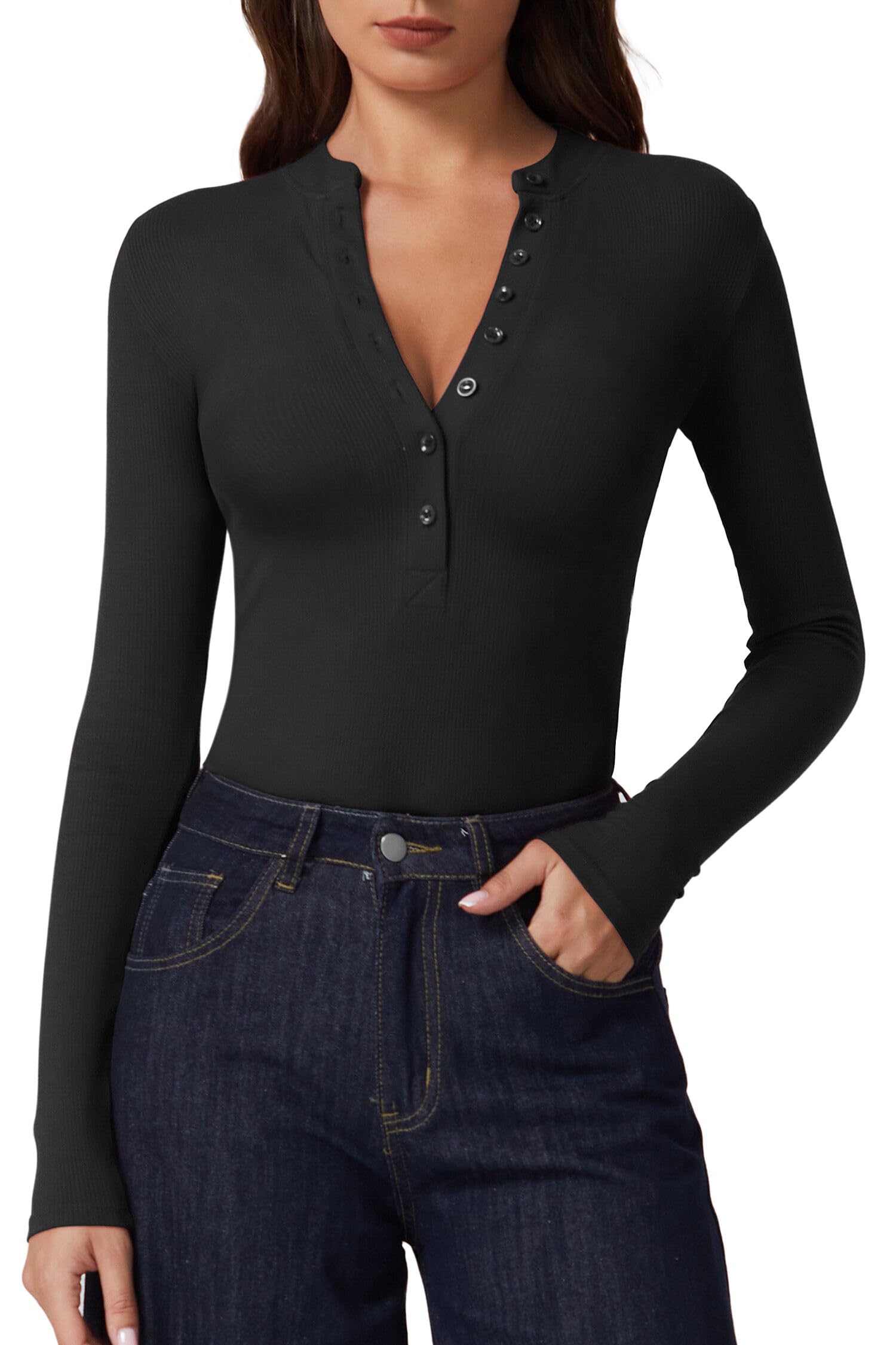 QINSEN Button Down Shirts for Women V Neck Long Sleeve Ribbed Knit Slim Fit Basic Tee Tops