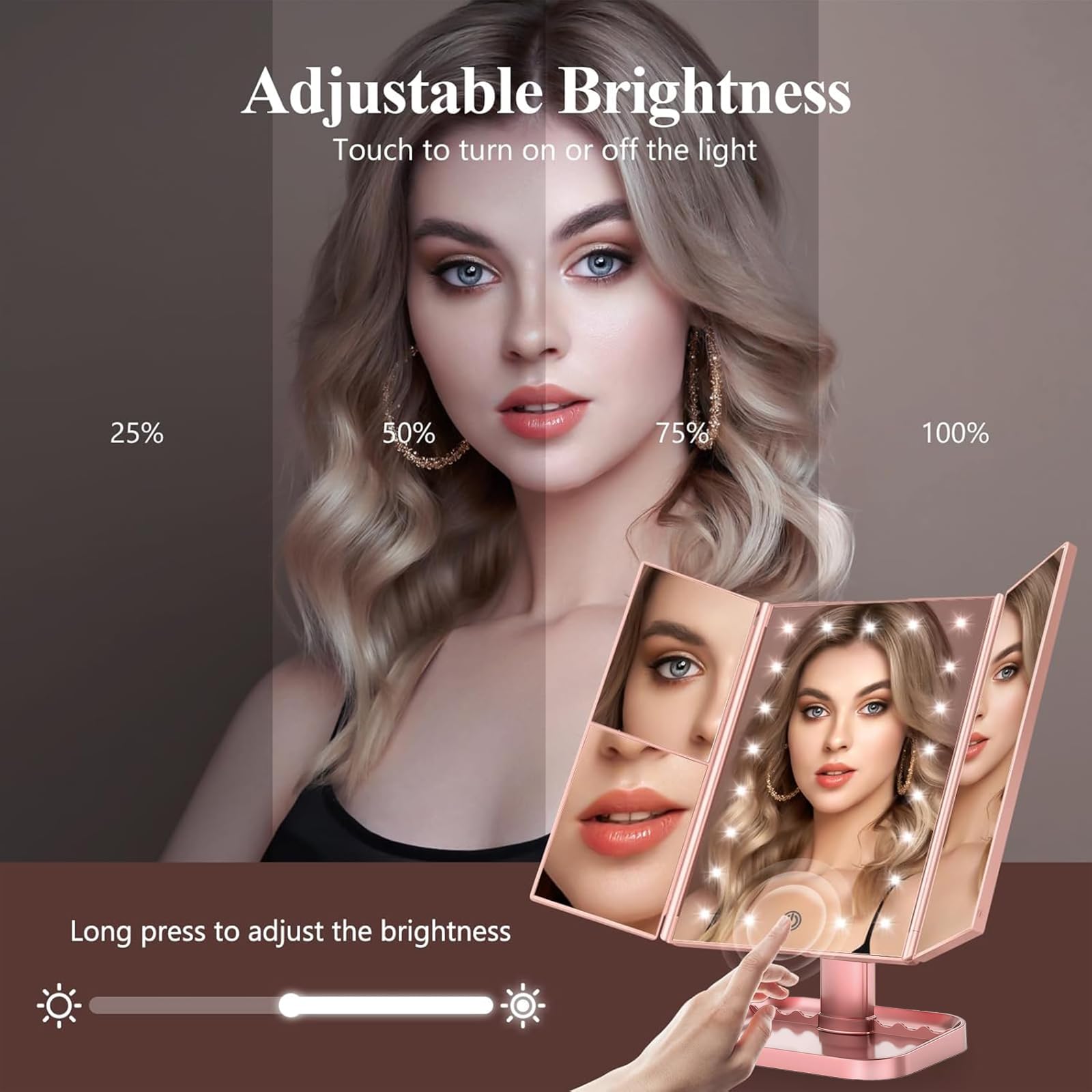 HUONUL 2X/3X/10X Magnifying Vanity Mirror with Light, Trifold Makeup Mirror | Touch Dimming, Dual Power, Clear View for Makeup, Skincare. Dorm Room Essentials. Birthday Gifts for Women, Mom, Wife, Girls