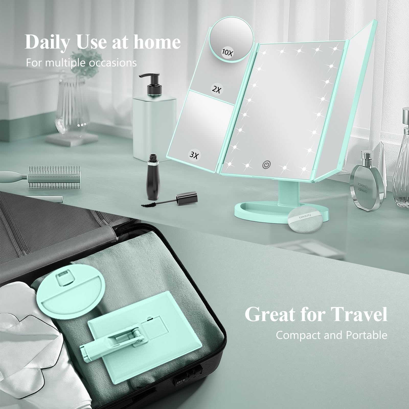 HUONUL 2X/3X/10X Magnifying Vanity Mirror with Light, Trifold Makeup Mirror | Touch Dimming, Dual Power, Clear View for Makeup, Skincare. Dorm Room Essentials. Birthday Gifts for Women, Mom, Wife, Girls